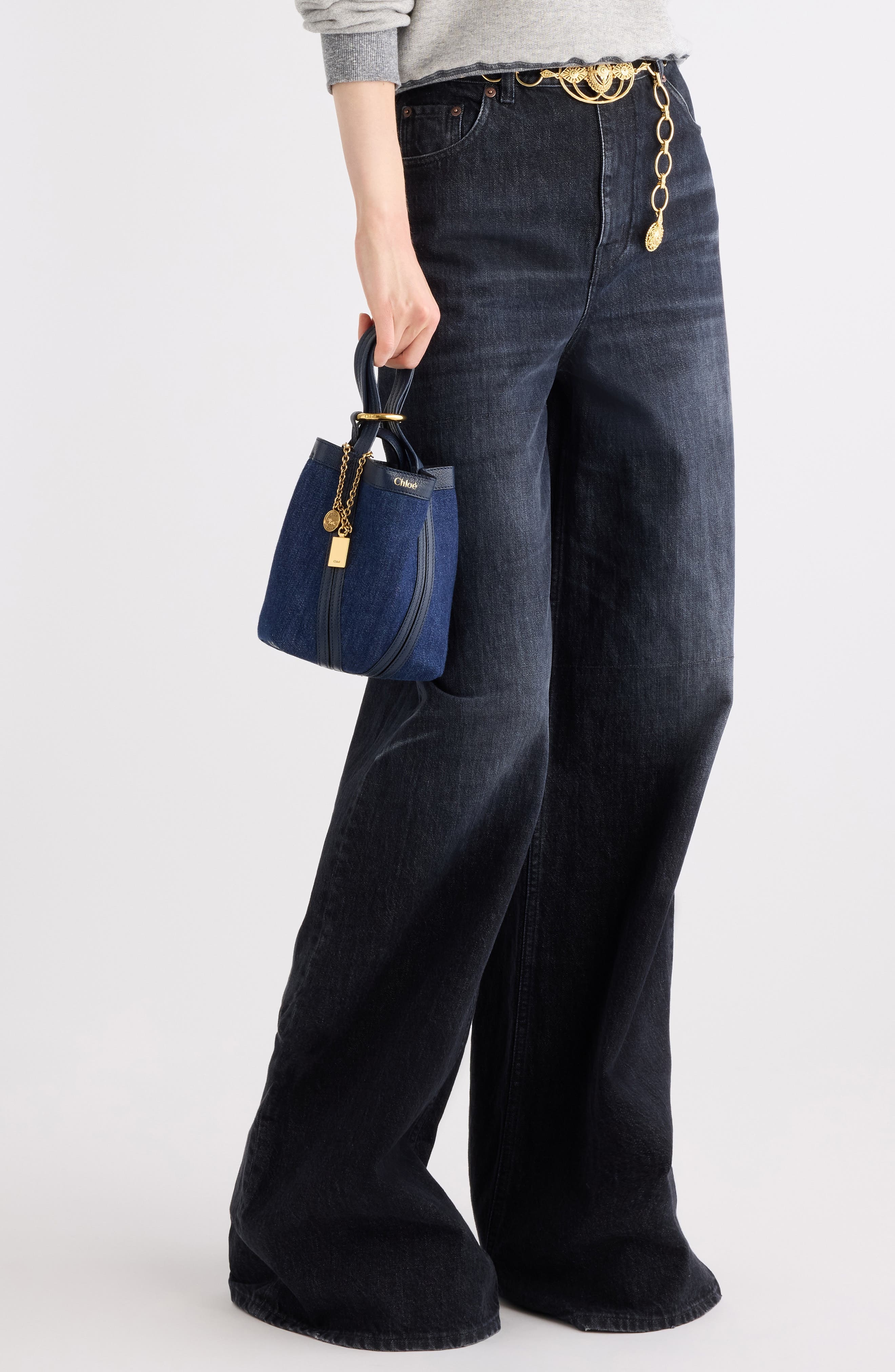 Chloé Small Spin Leather Trim Denim Tote in Submarine Blue at Nordstrom - 2
