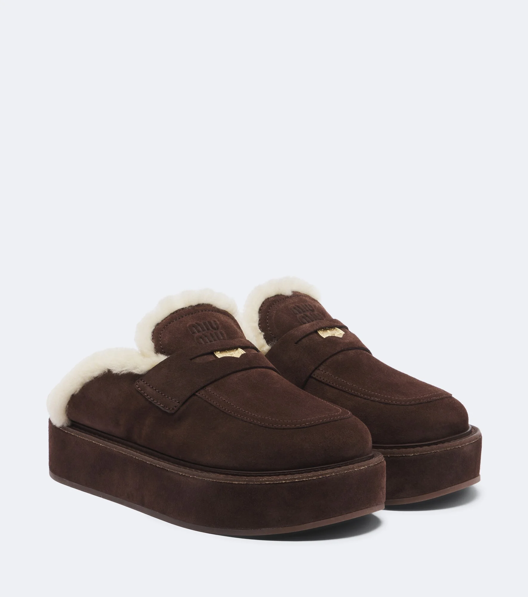 Shearling-lined suede platform mules - 1