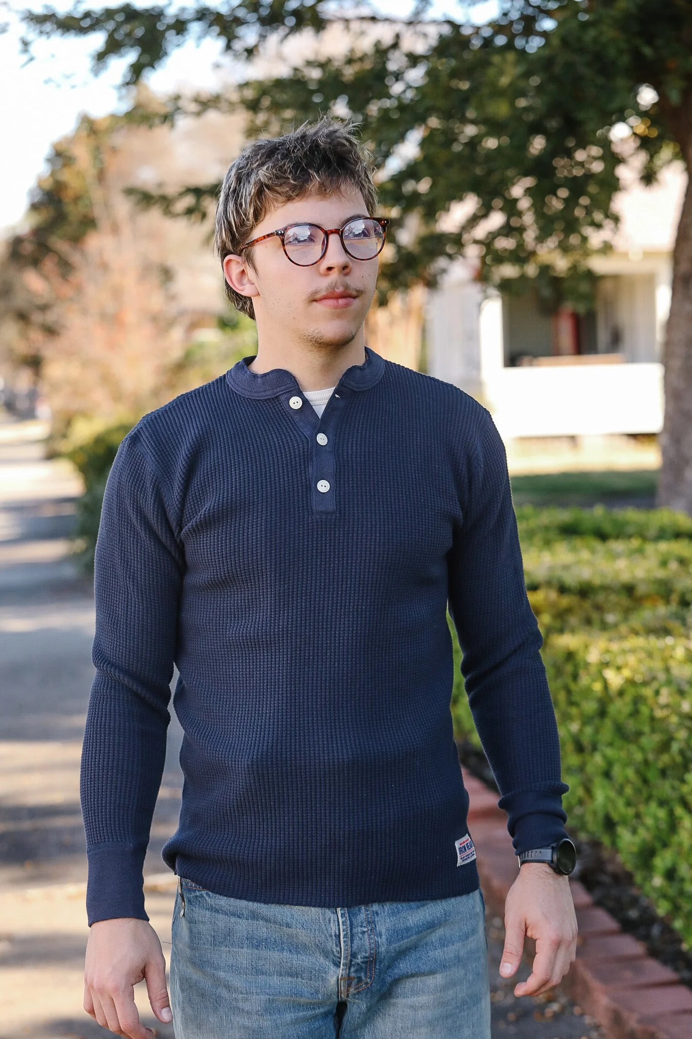 IHTL-1213-NVY WAFFLE KNIT LONG SLEEVED THERMAL HENLEY - NAVY - 1