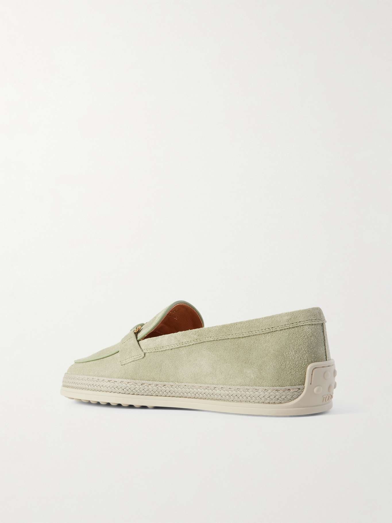 Gomma embellished leather and raffia-trimmed suede loafers Sage green - 3