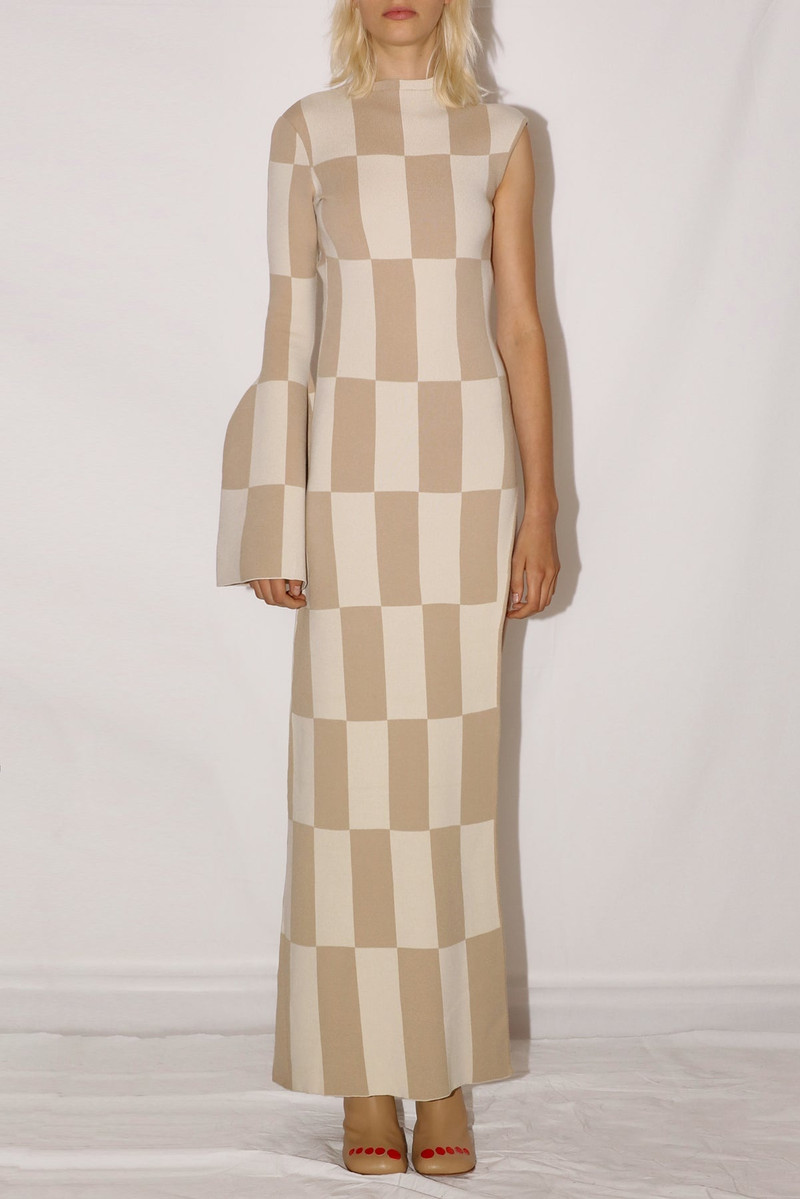 MAXI KNIT CHECK DRESS IVORY BEIGE 2