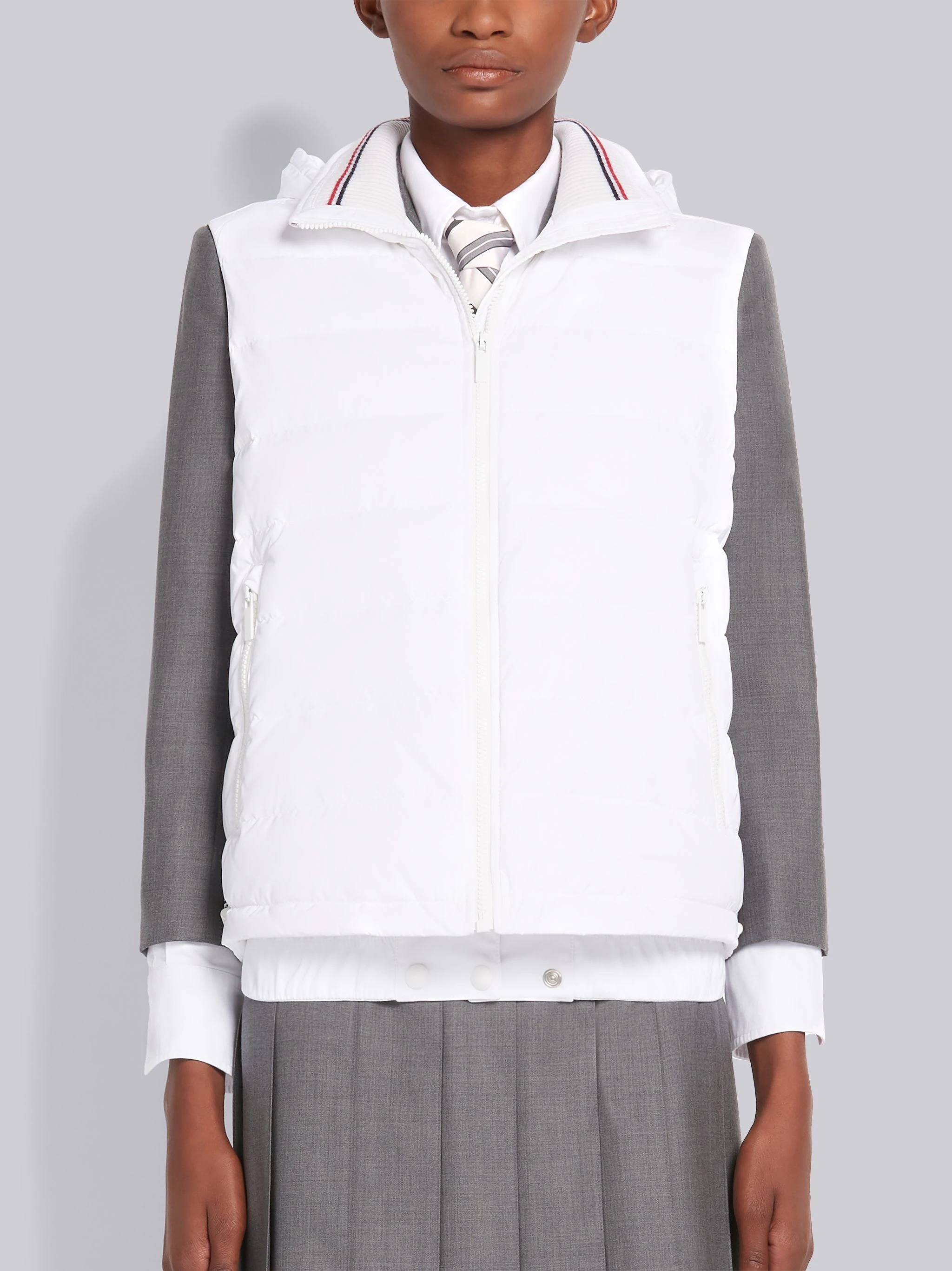White Down Filled Poly Twill Center Back Stripe Funnel Neck Vest - 1