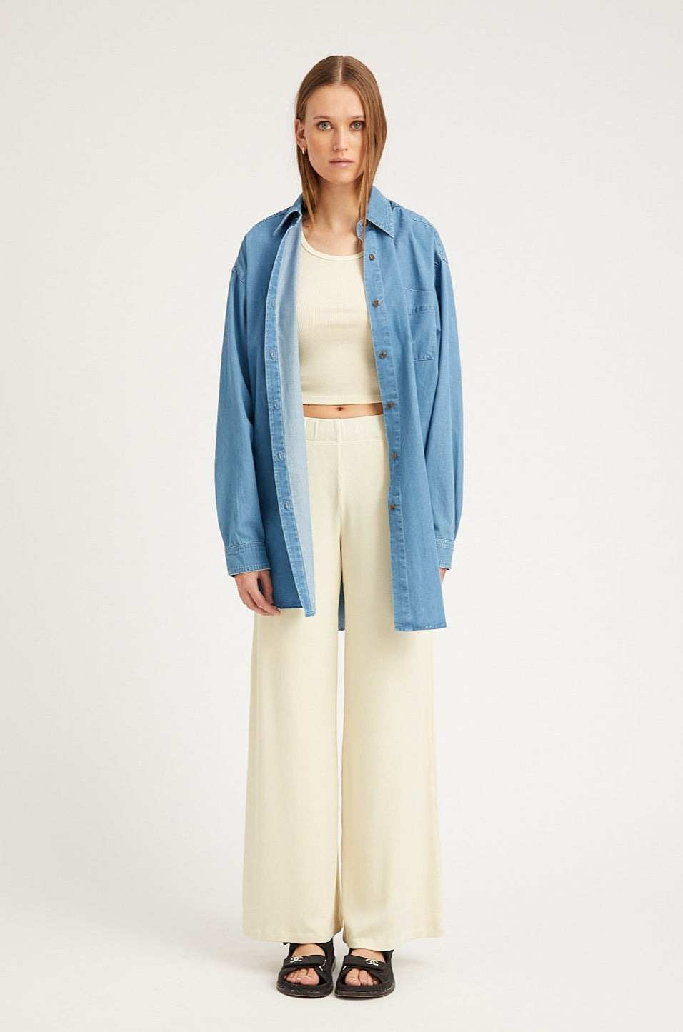VINTAGE WHITE RIB WIDE LEG PANTS - 3