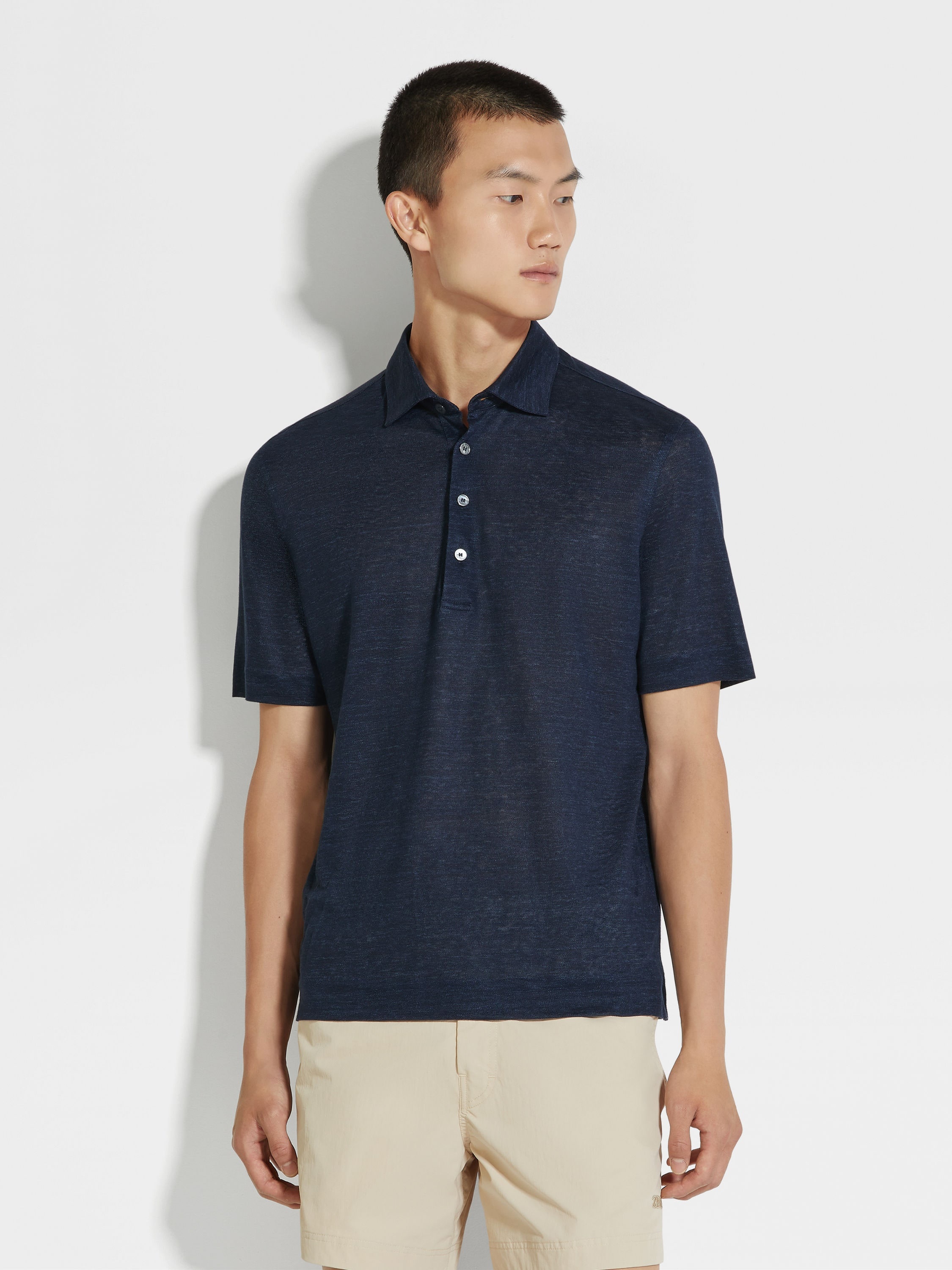 NAVY BLUE LINEN POLO SHIRT - 4