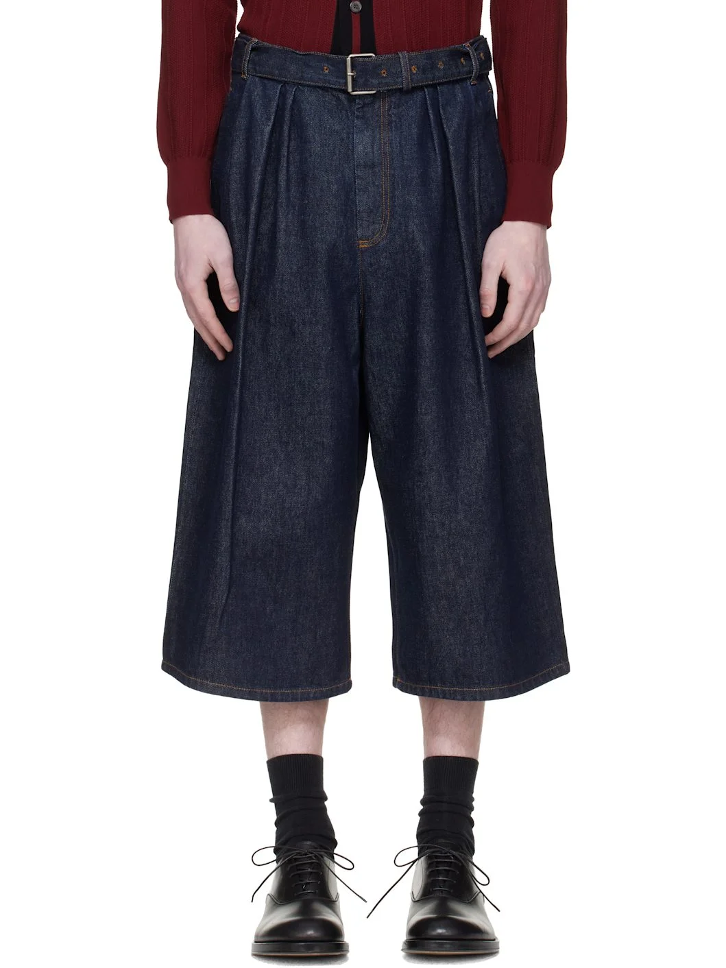 Navy Pleated Denim Shorts - 1