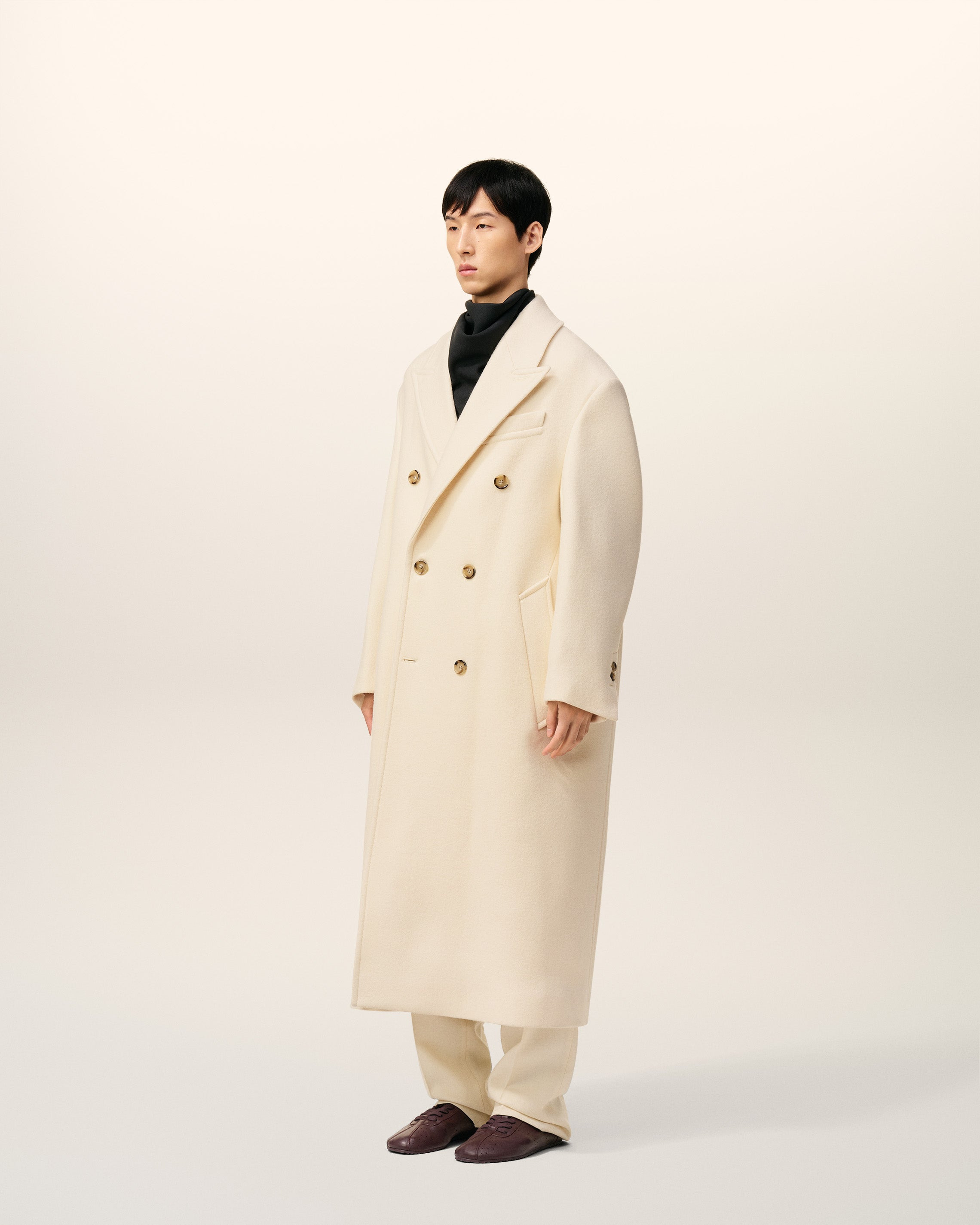 WHITE WOOL DOUBLE BREASTED LONG COAT - 6