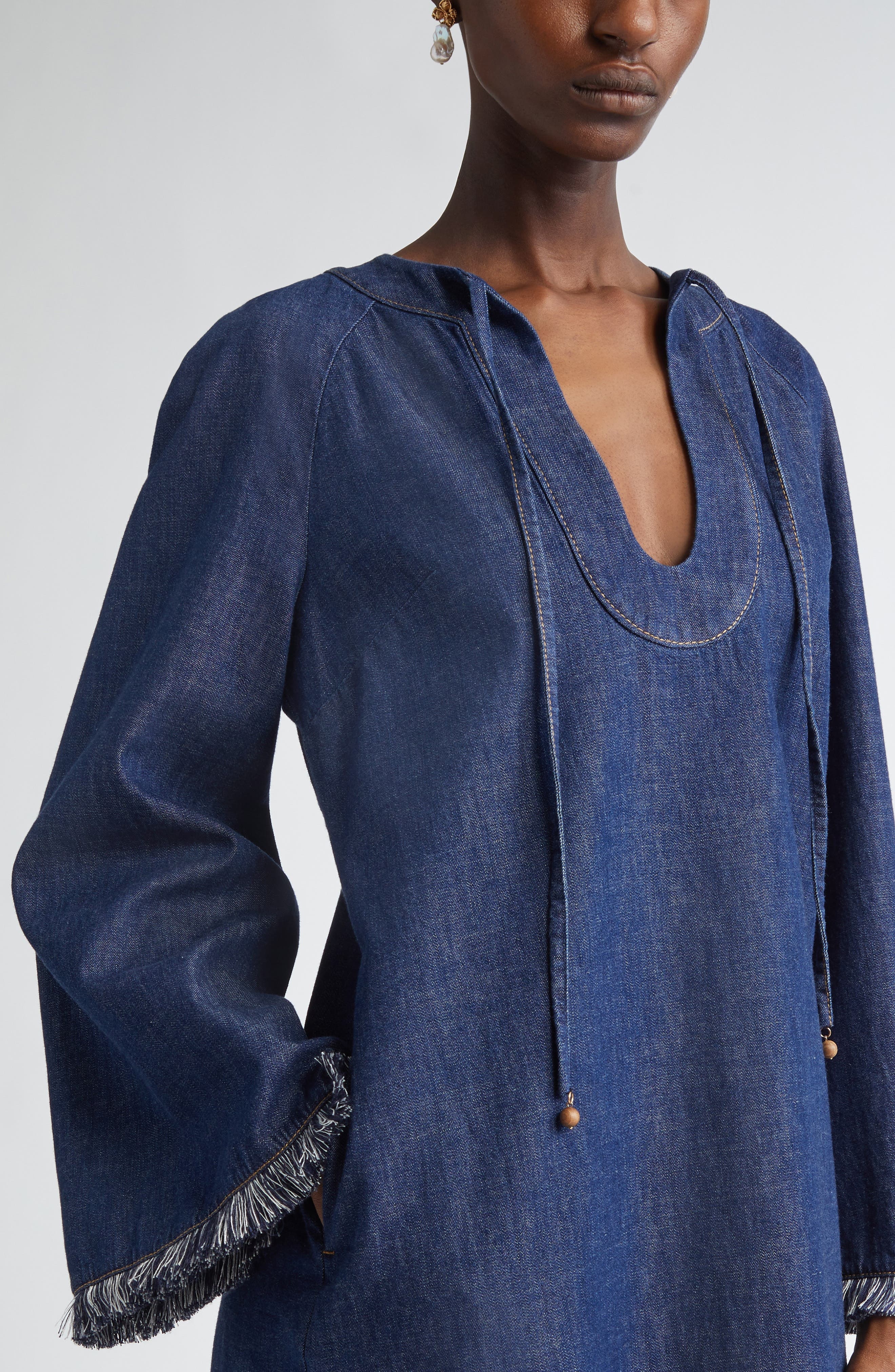 Zimmermann Rhiannon Long Sleeve Fringe Trim Denim Minidress in Atlantic at Nordstrom - 4