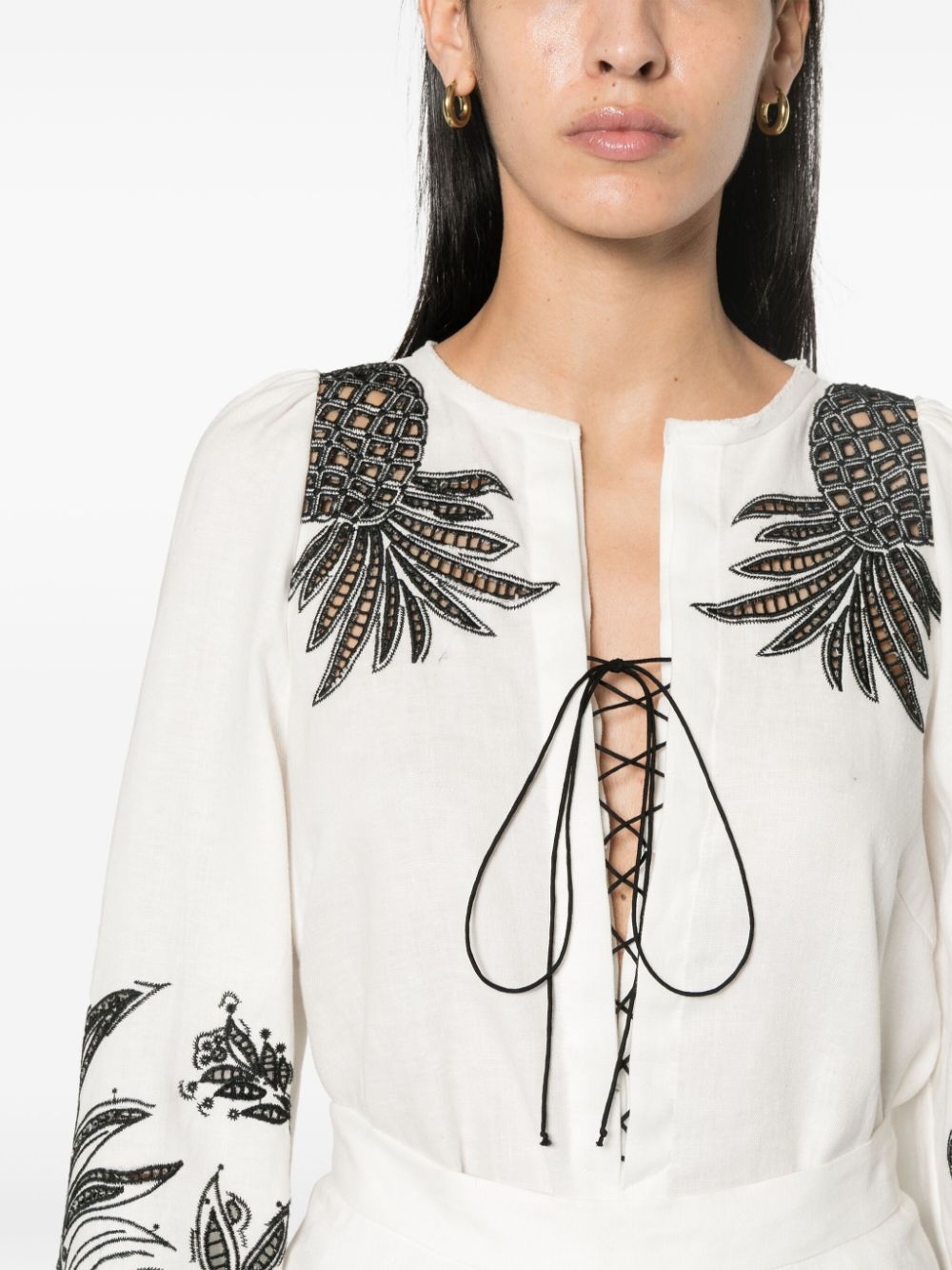 pineapple embroidery lace-up linen blouse - 5