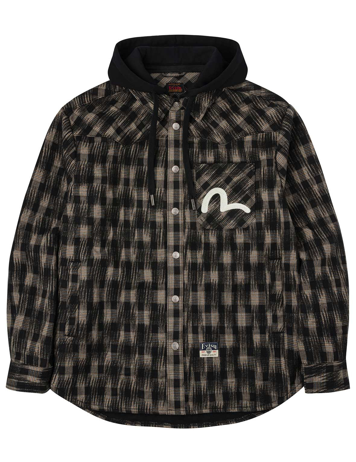 Seagull Embroidery Relax Fit Hooded Checked Shirt Jacket - 14