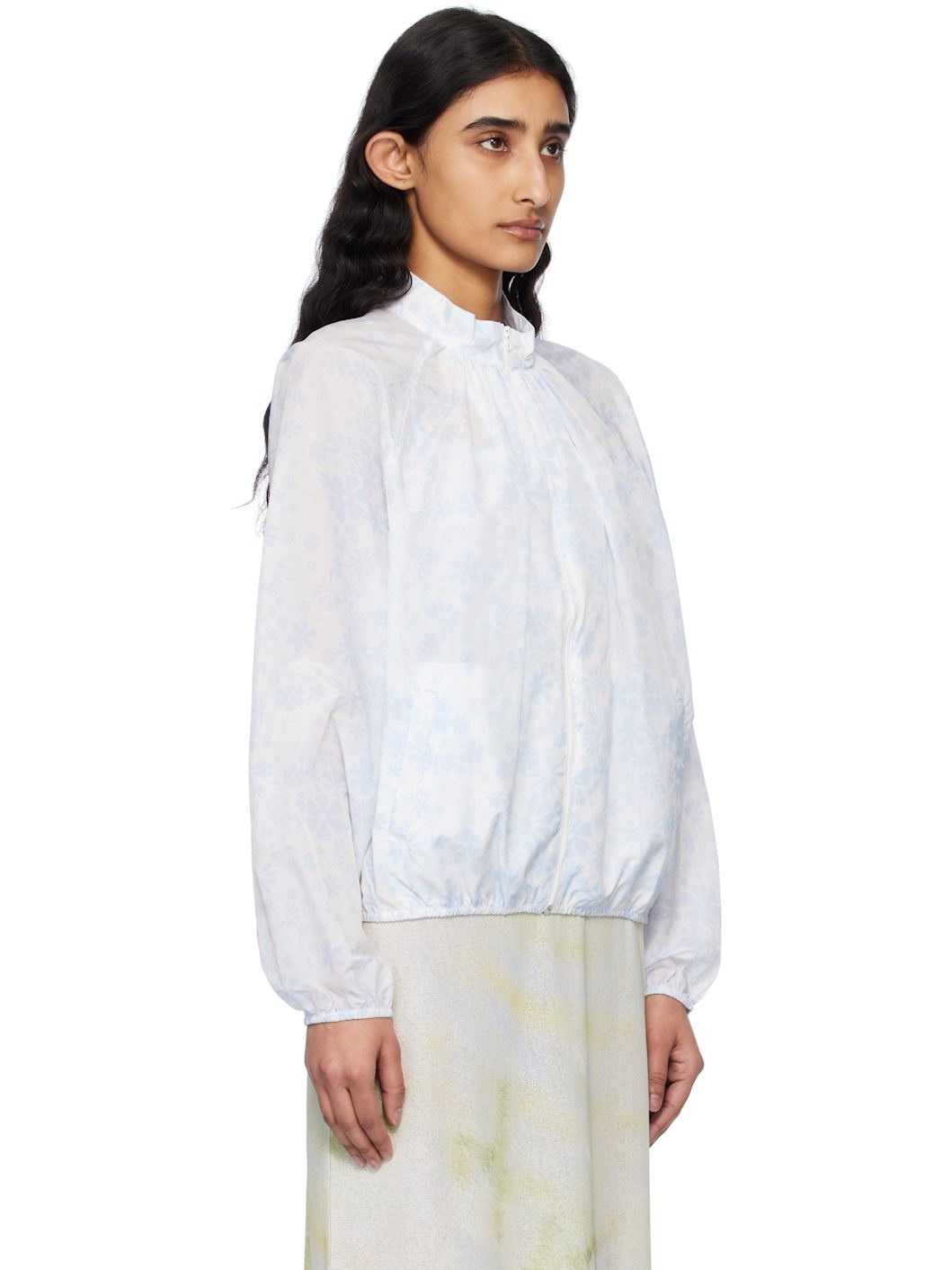 White & Blue Flower Sheer Windbreaker Jacket - 2