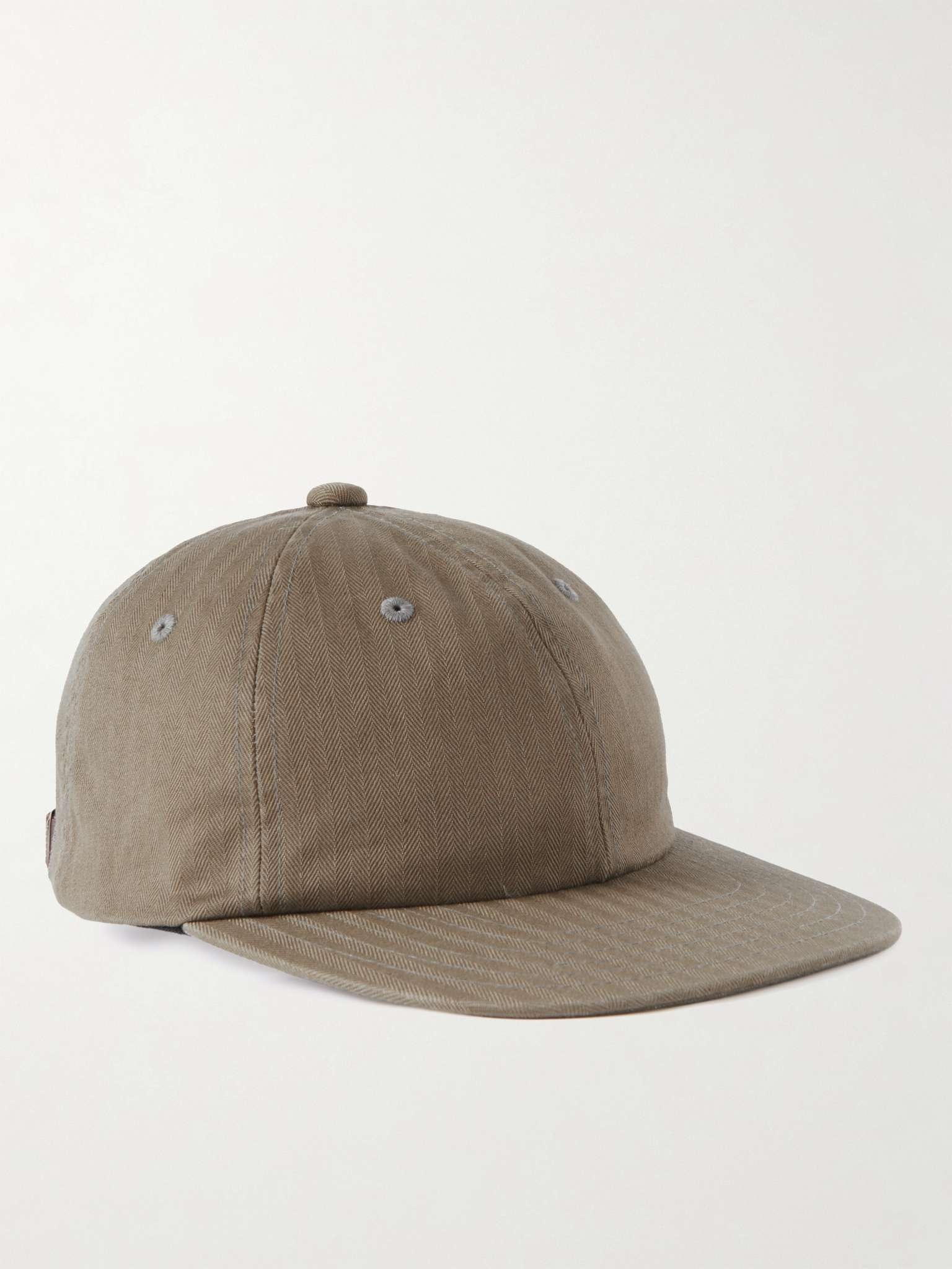 Leather-Trimmed Herringbone Cotton Cap - 1