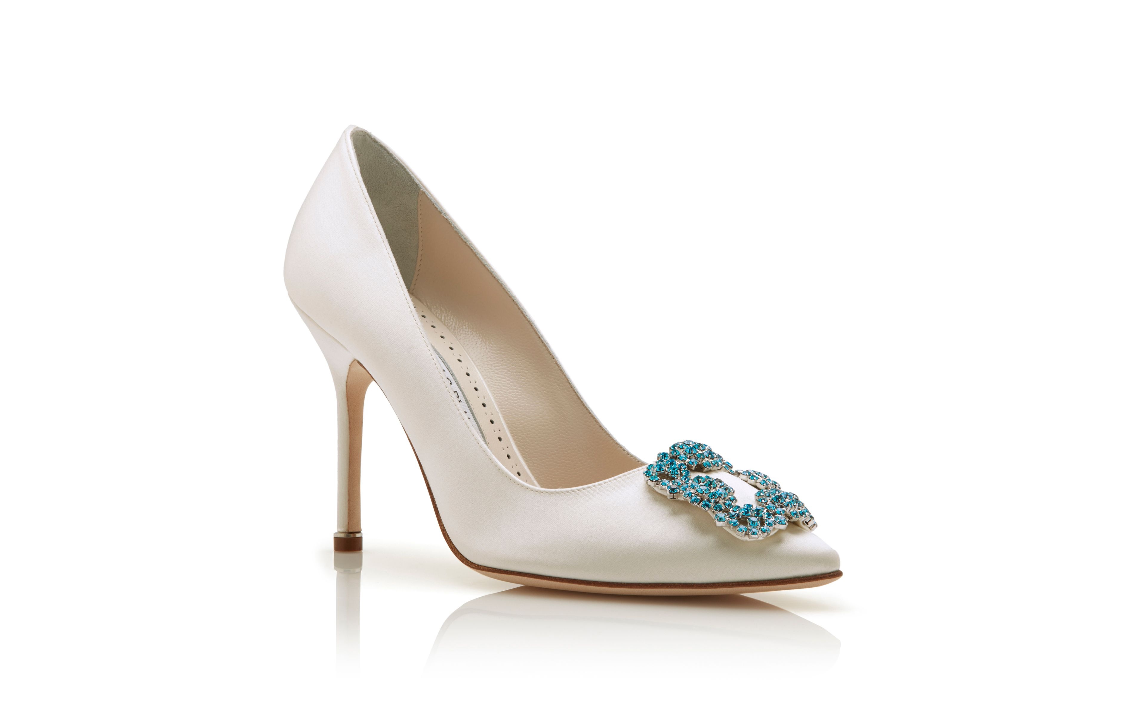 White Satin Jewel Buckle Pumps - 3