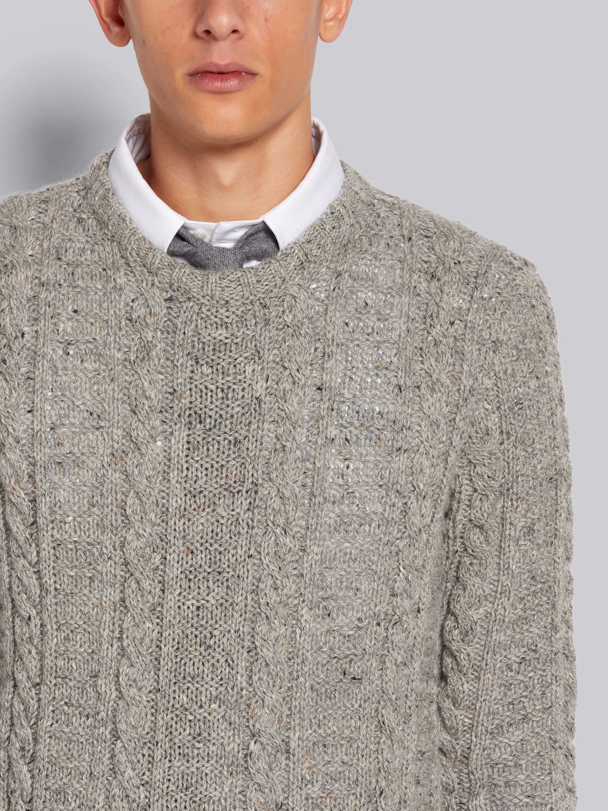 Light Grey Donegal Tweed Filey Stitch Stripe Detail Classic Crew Neck Pullover - 5