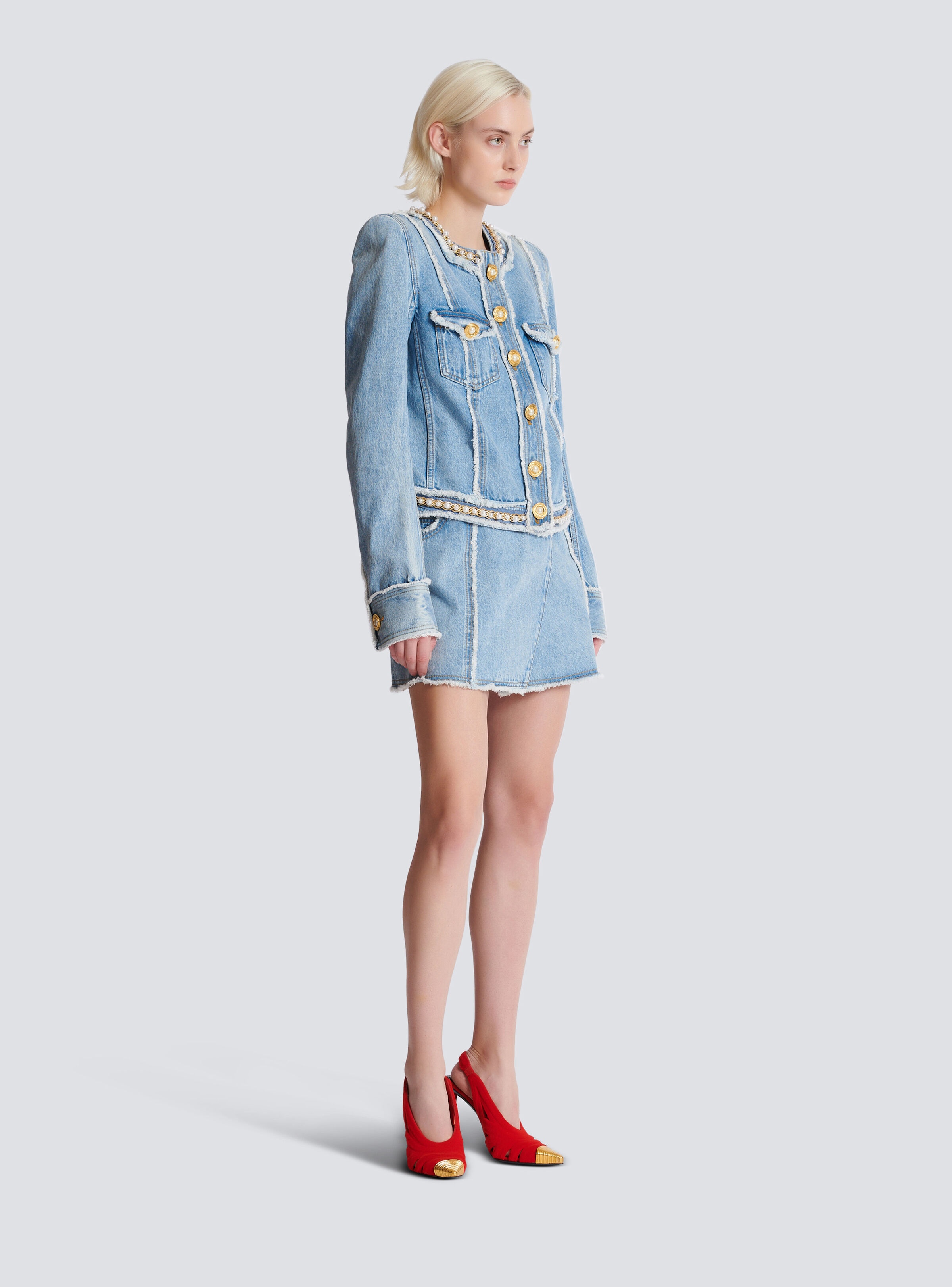 Denim jacket with pearl trim - 3