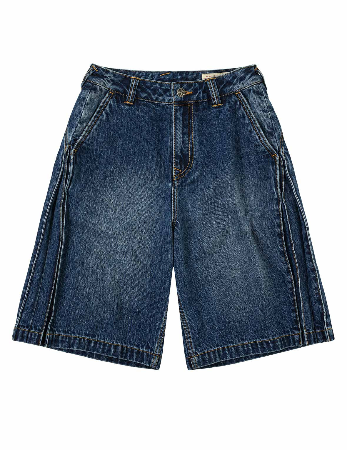 Seagull Embossed Fashion Fit Pleated Denim Shorts - 2