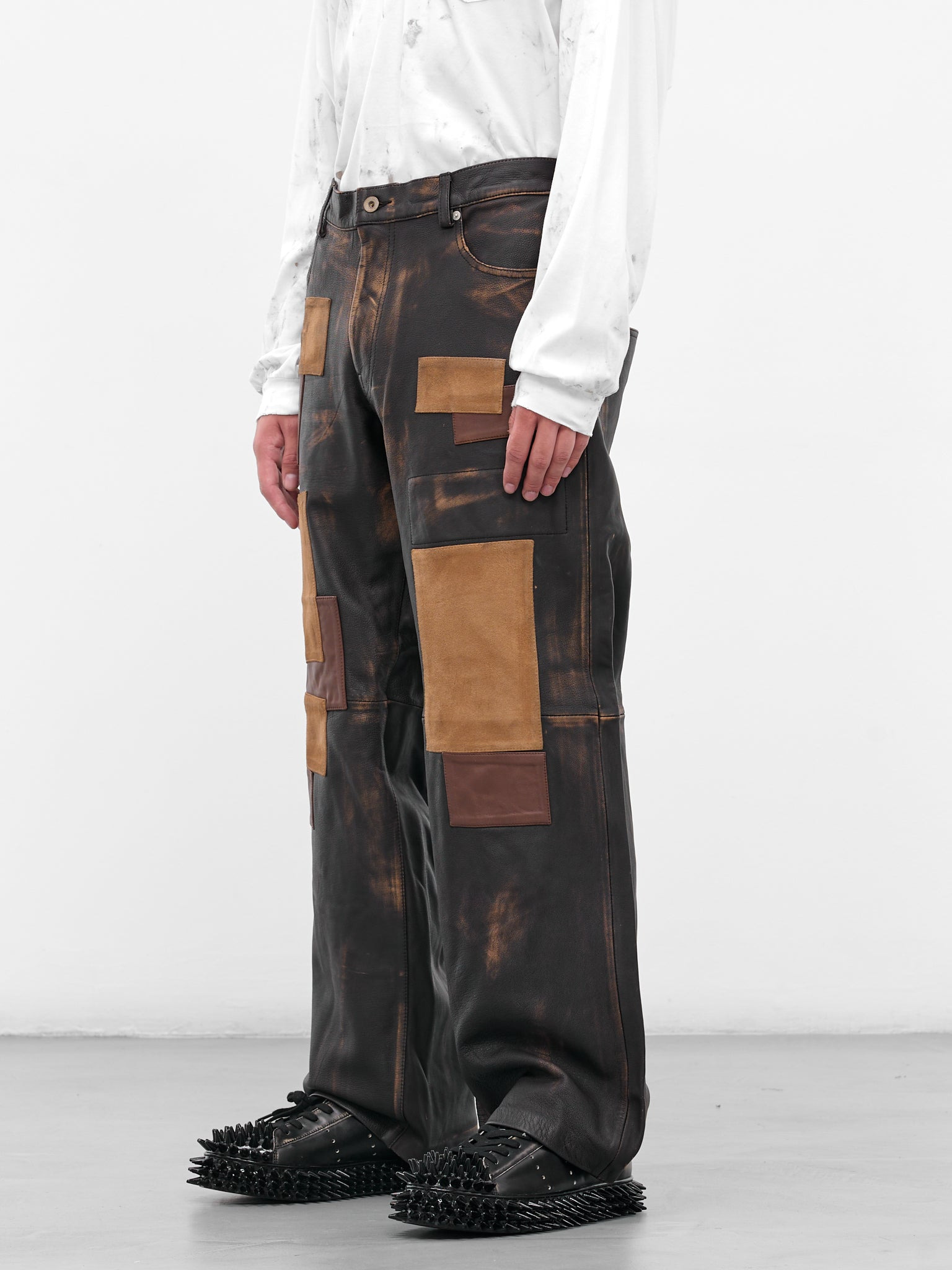 Worn Black Patchwork Leather Trousers - 3