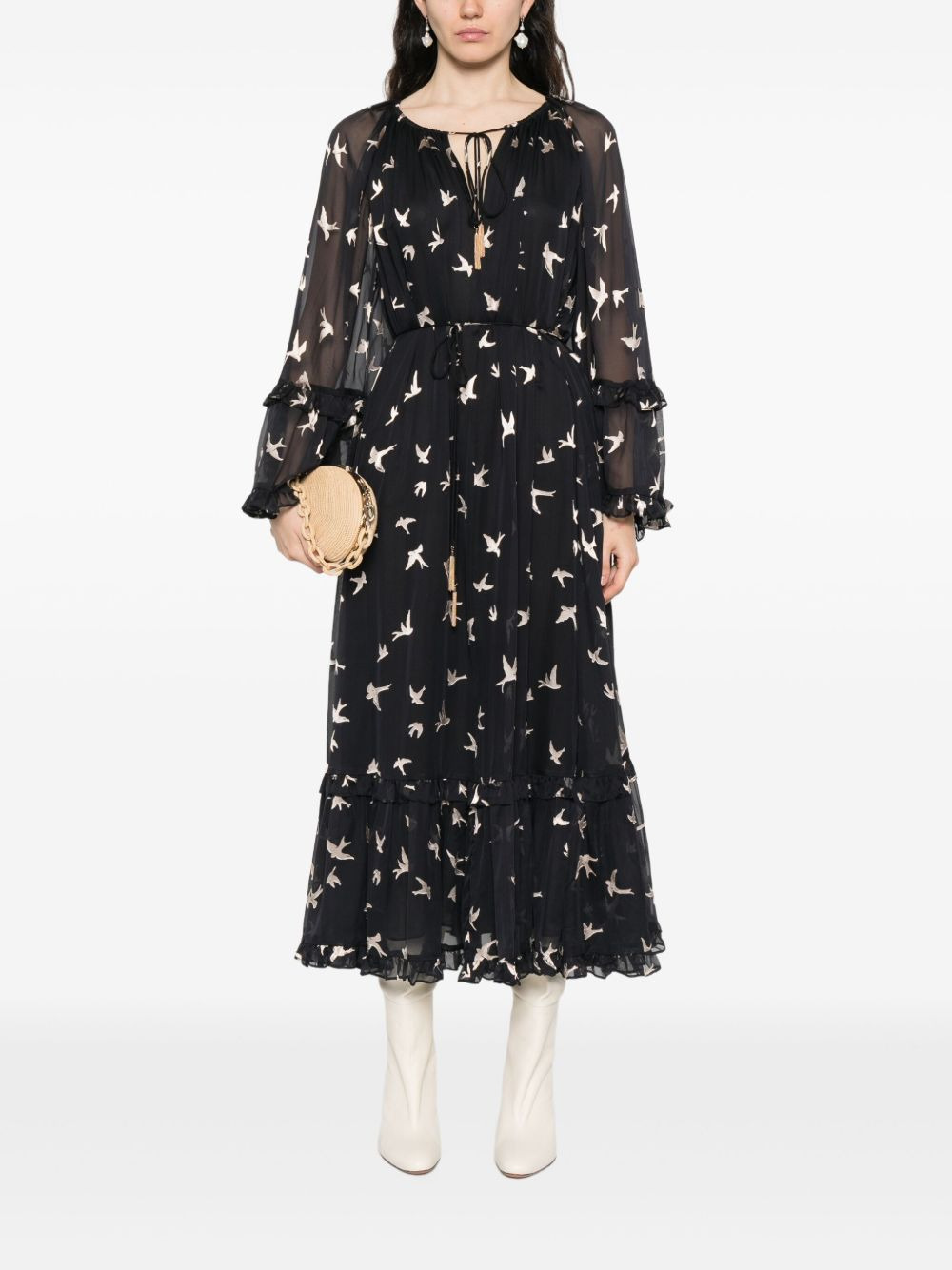 bird-print ruffled dress - 2