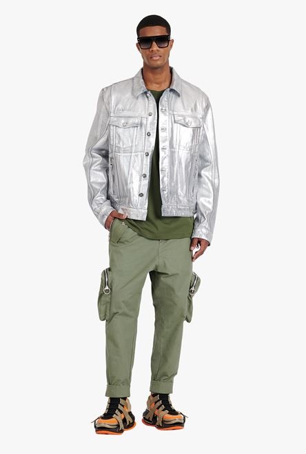 Silvery jean jacket with embossed Balmain logo - 2
