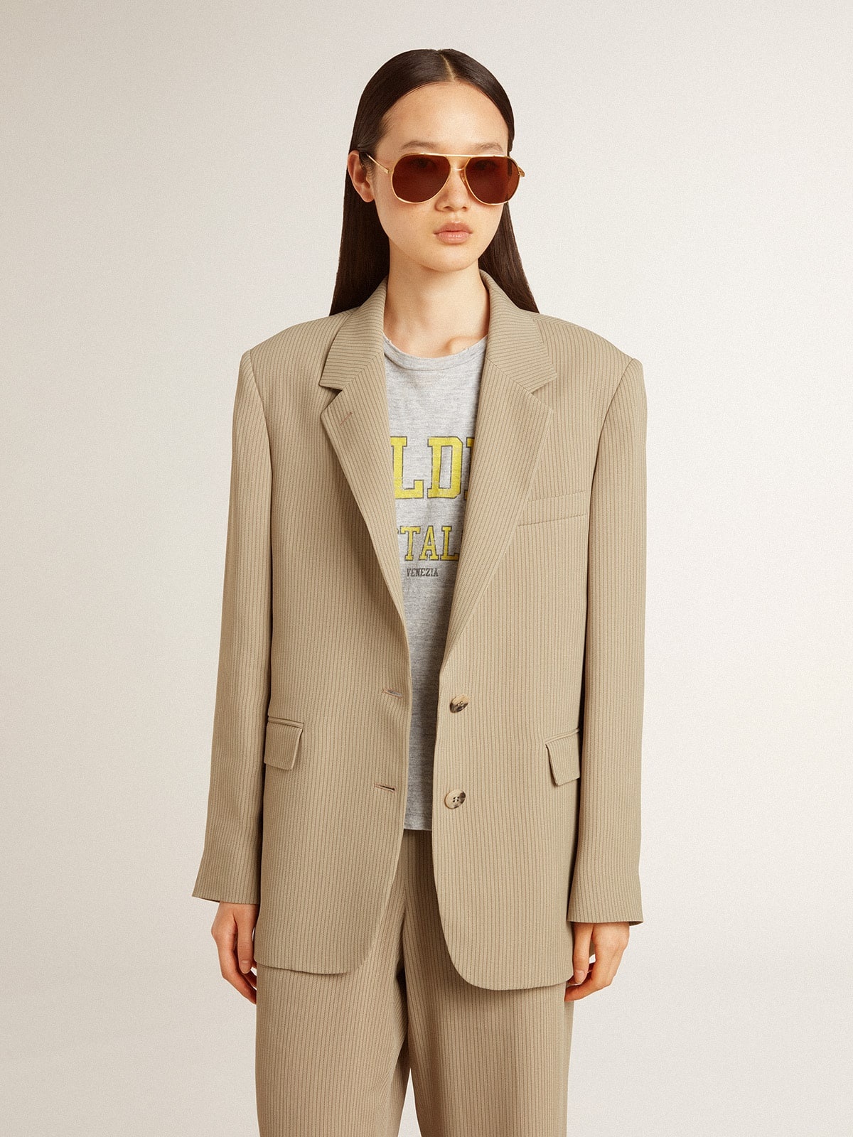 Women's beige pinstripe single-breasted jacket with an oversized fit - 2