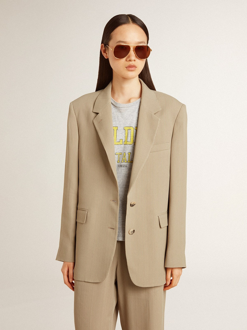 Golden Goose Women's beige pinstripe single-breasted jacket with an oversized fit outlook