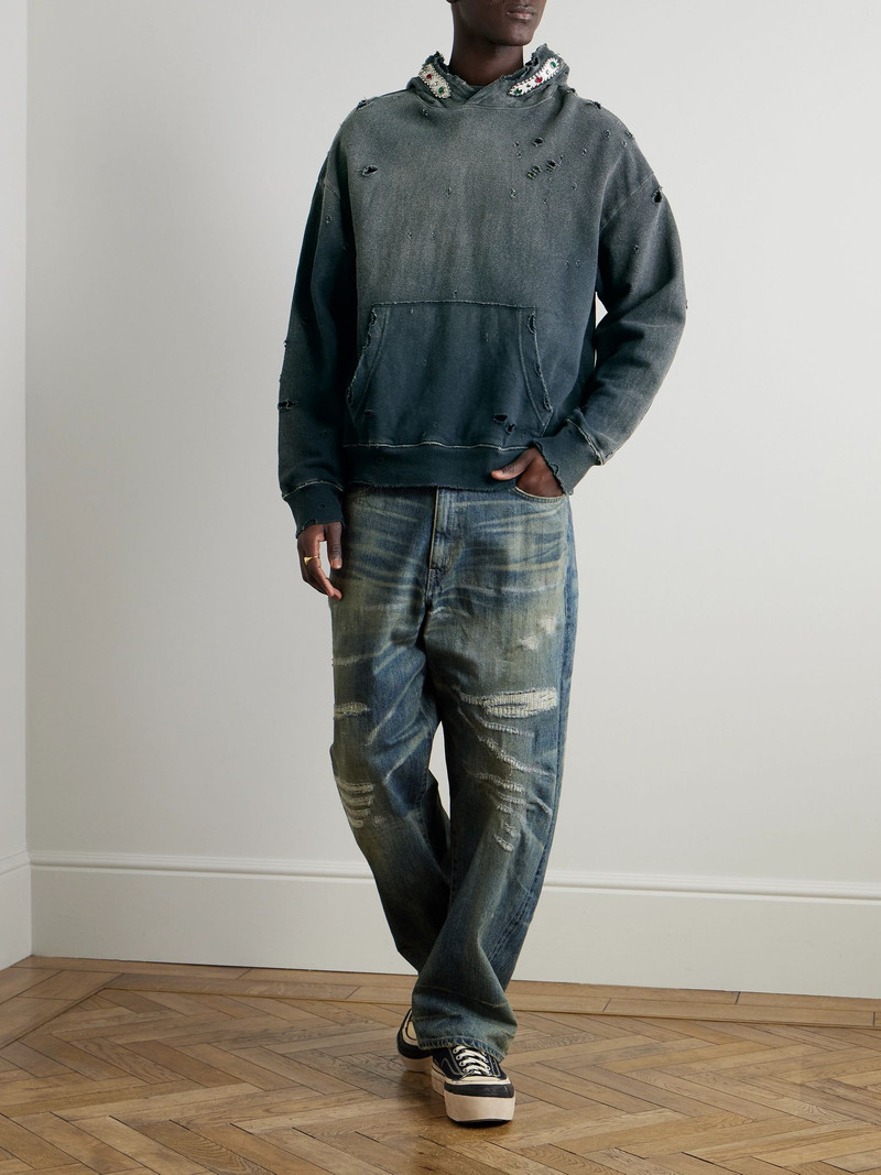 Kapital Embellished Suede-Trimmed Distressed Cotton-Jersey Hoodie Gray outlook