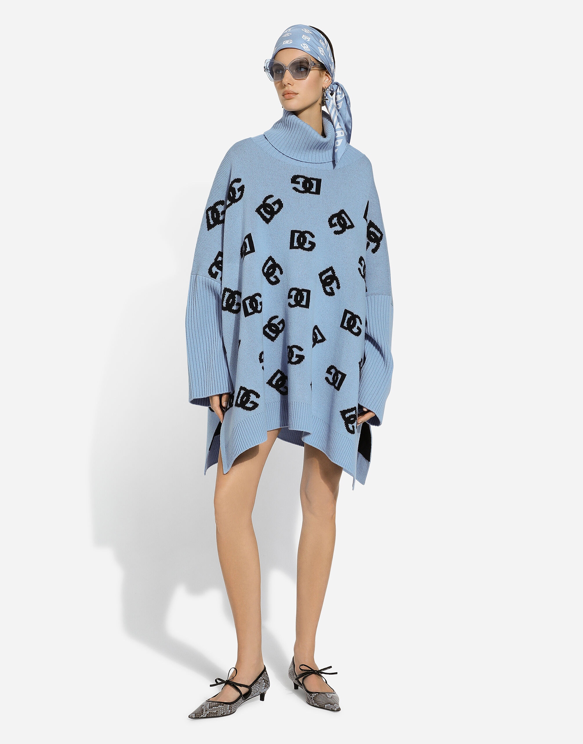 Wool turtle-neck poncho with DG logo inlay - 5