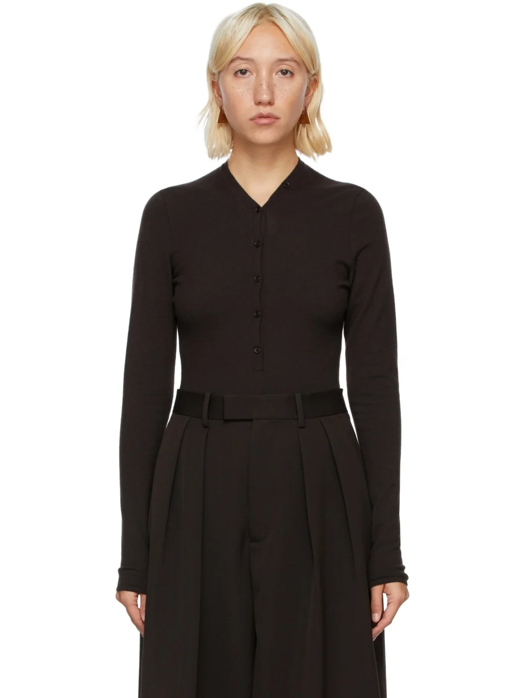 Brown Cashmere V-Neck Bodysuit - 1