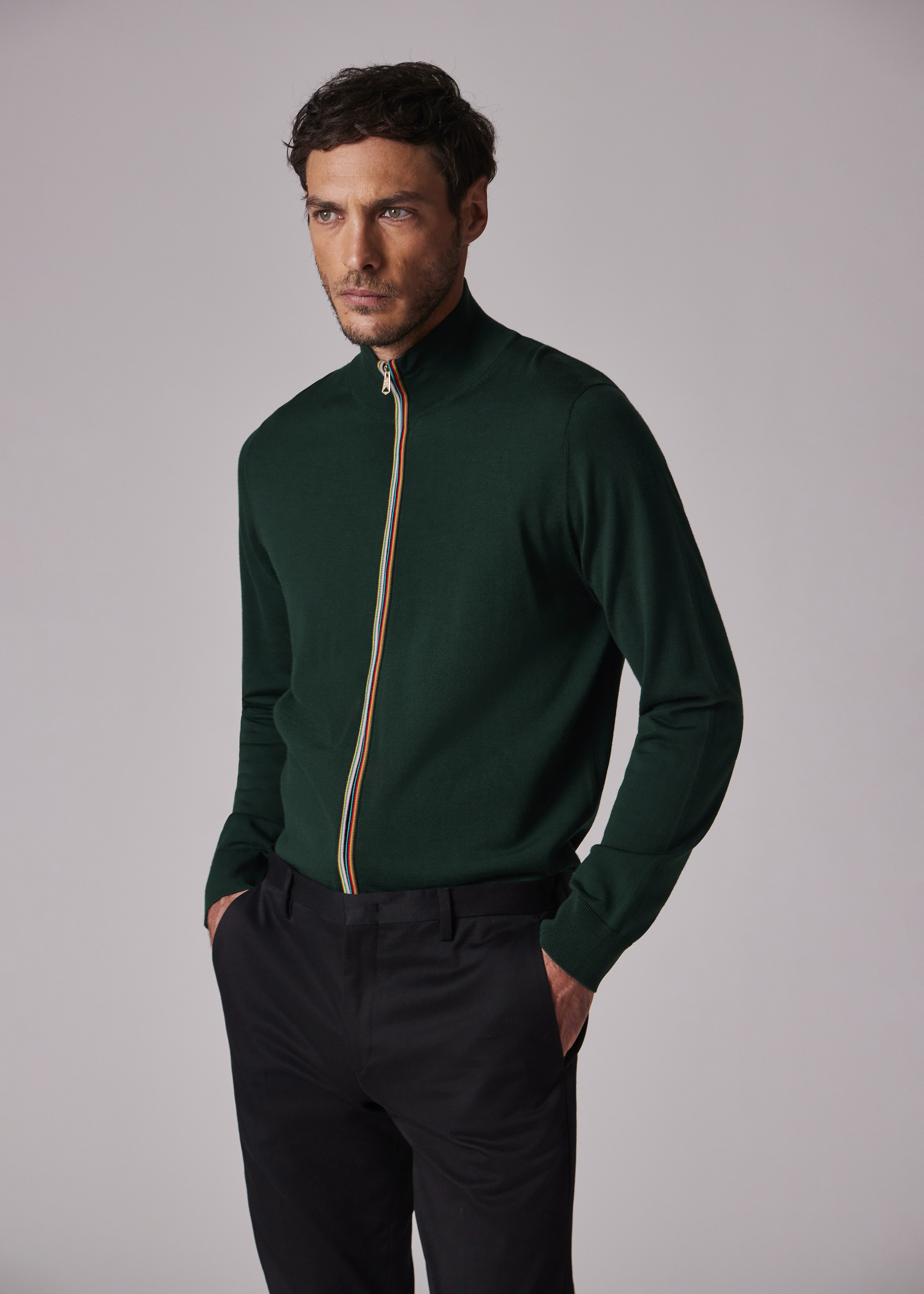 Dark Green Washable Merino Wool 'Signature Stripe' Zip Cardigan - 4