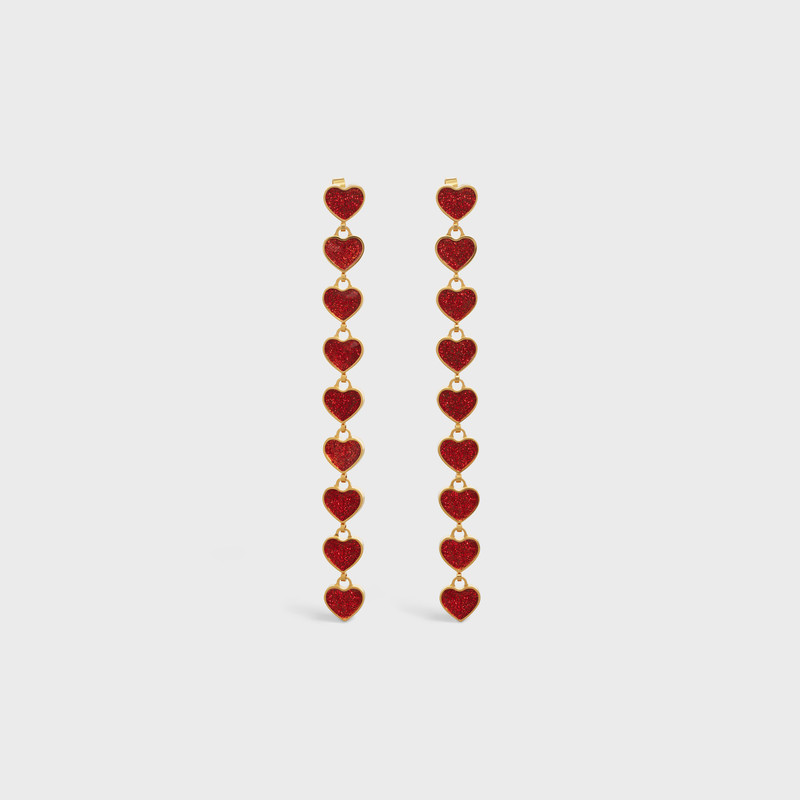 SACRÉS COEURS LONG EARRINGS IN BRASS WITH GOLD FINISH AND RED ENAMEL 1