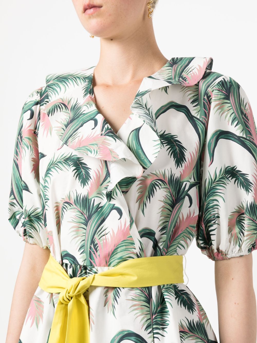 leaf-print belted wrap dress - 5