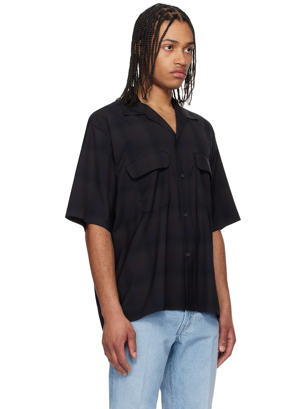 Navy & Black Open Collared S/S Shirt - 2