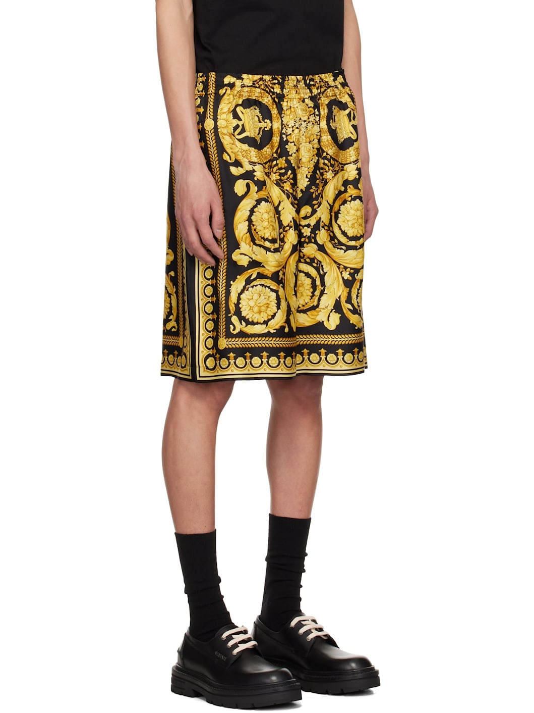Black & Yellow Barocco Silk Shorts - 2