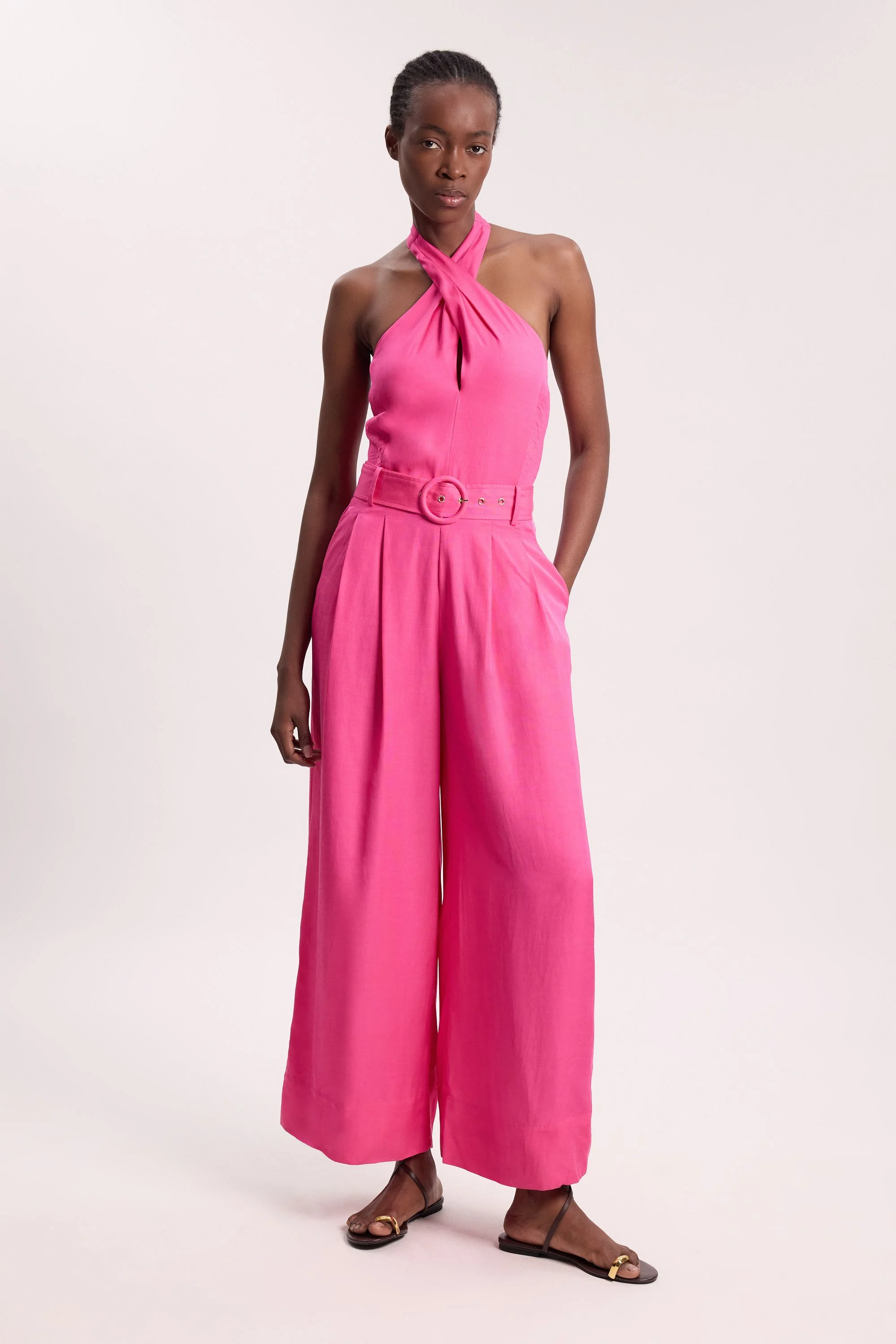 Premium Viscose Linen Cross Front Halter Belted Woven Wide Leg Jumpsuit - 1