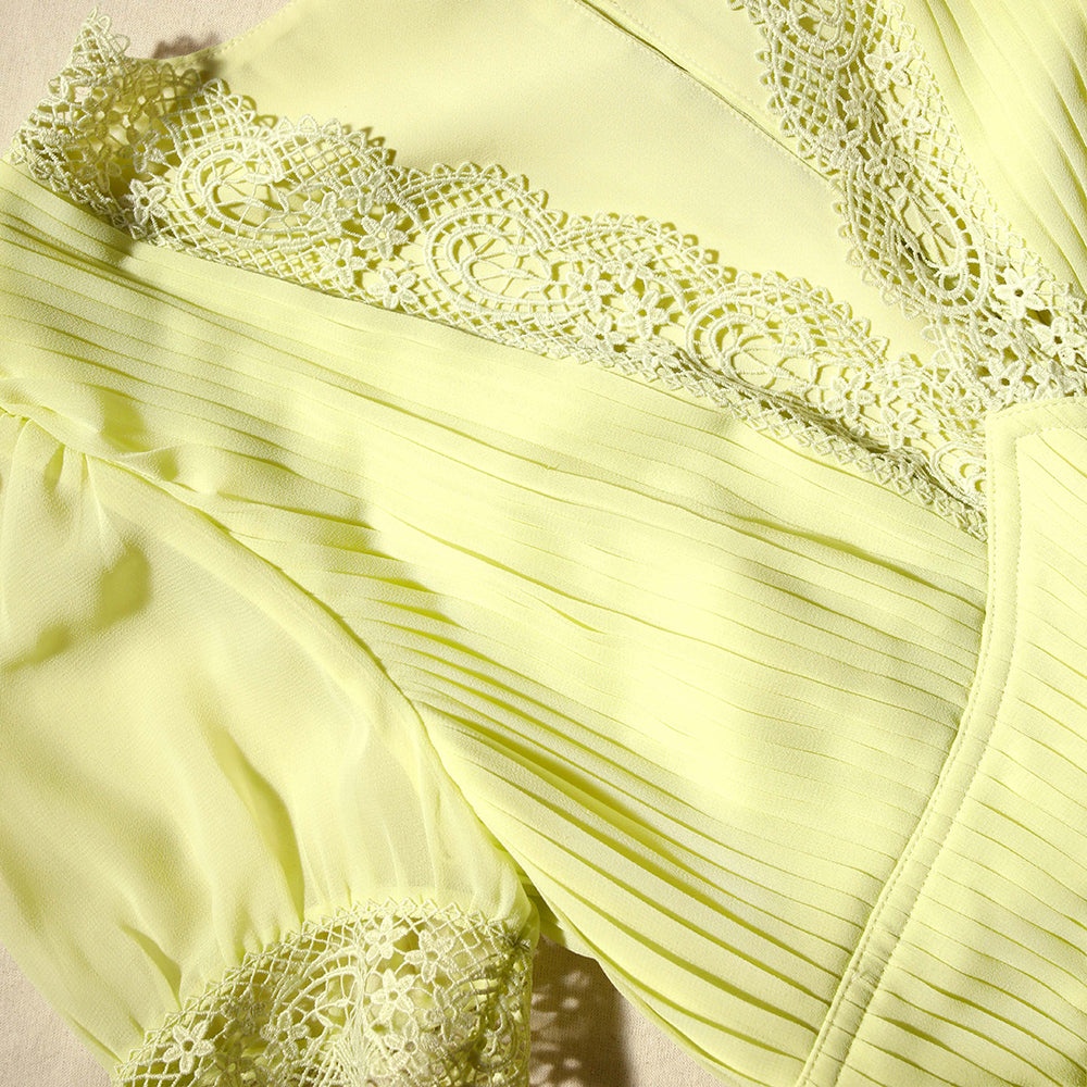 Lime Chiffon Midi Dress Lace Detail - 4