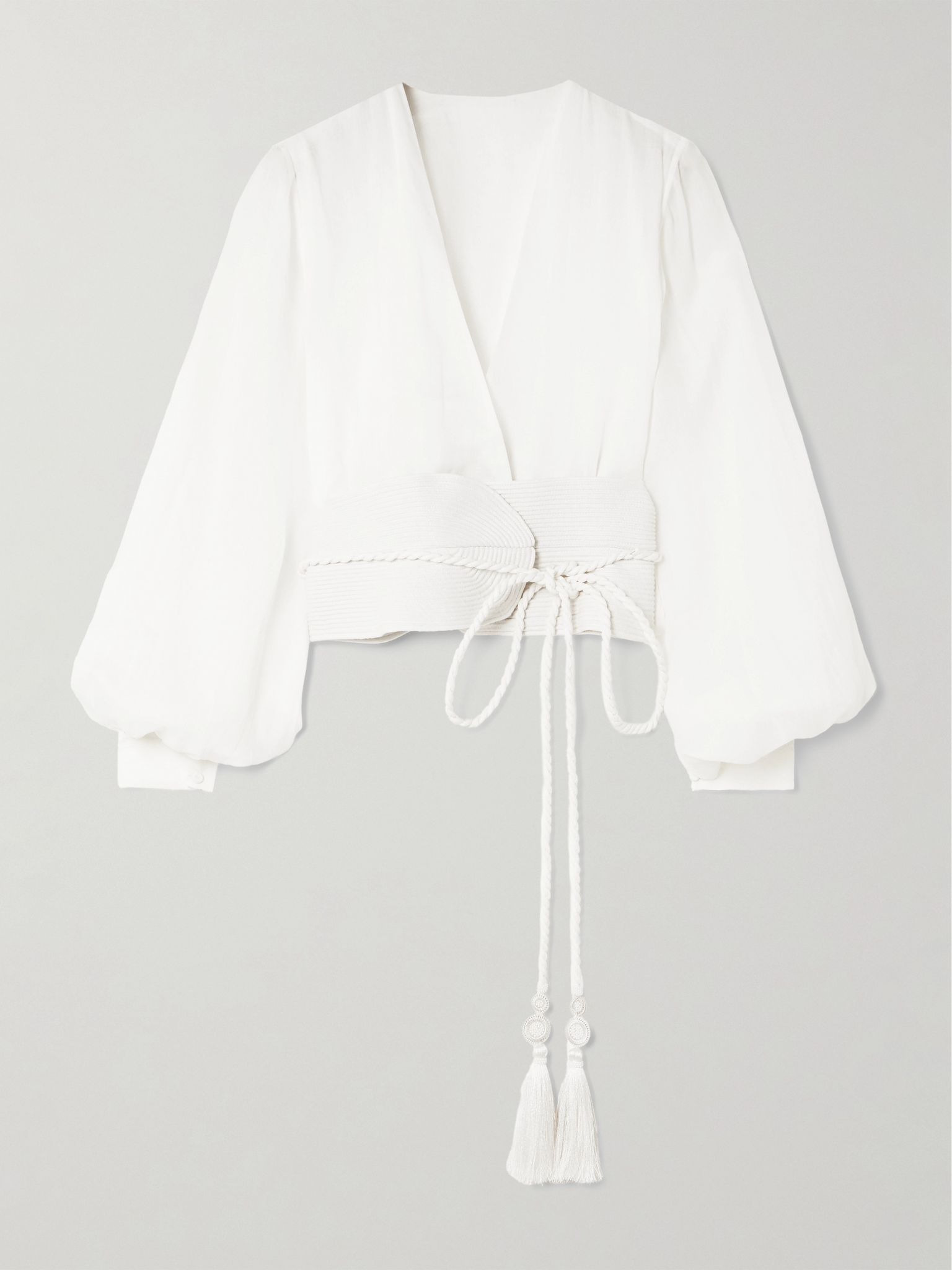 La Costa braid-trimmed belted linen blouse White - 1