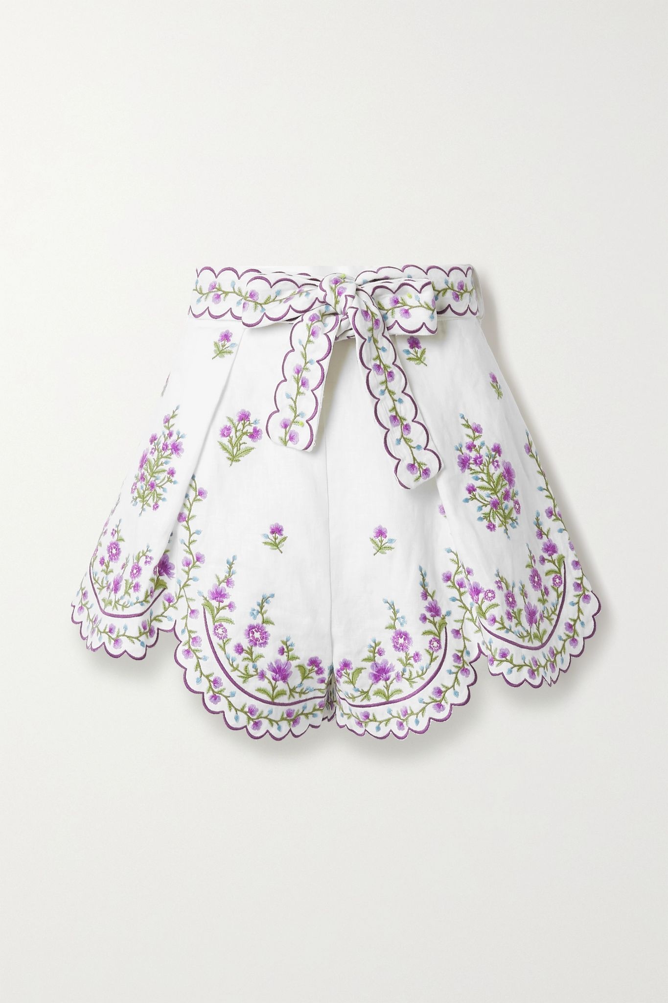 Poppy belted scalloped embroidered linen shorts - 1