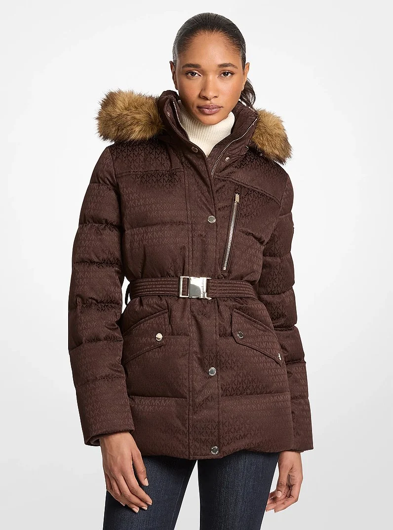 Faux Fur Trim Belted Puffer Jacket - 1