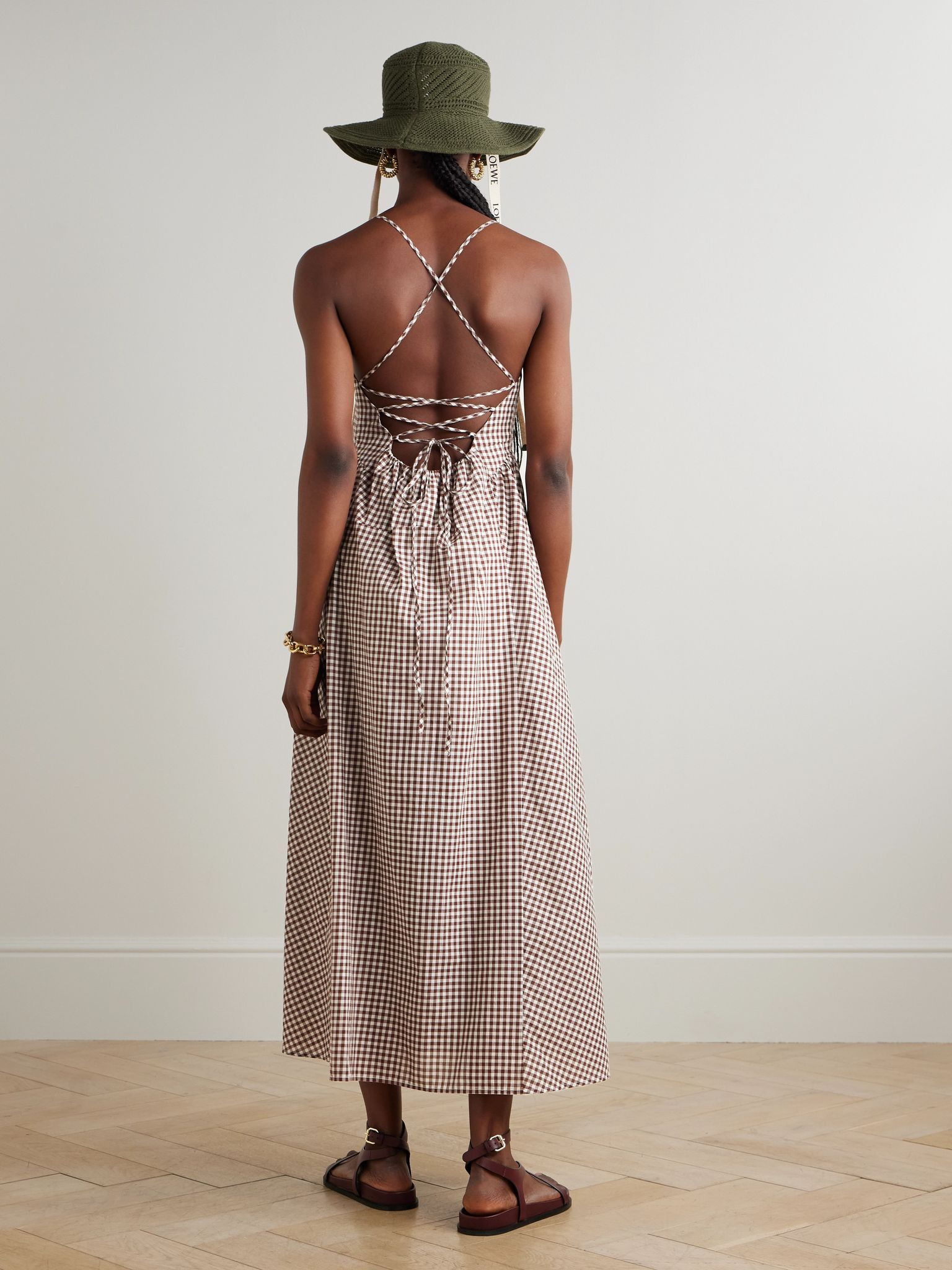 Callie pleated gingham cotton-voile midi dress Light brown - 3