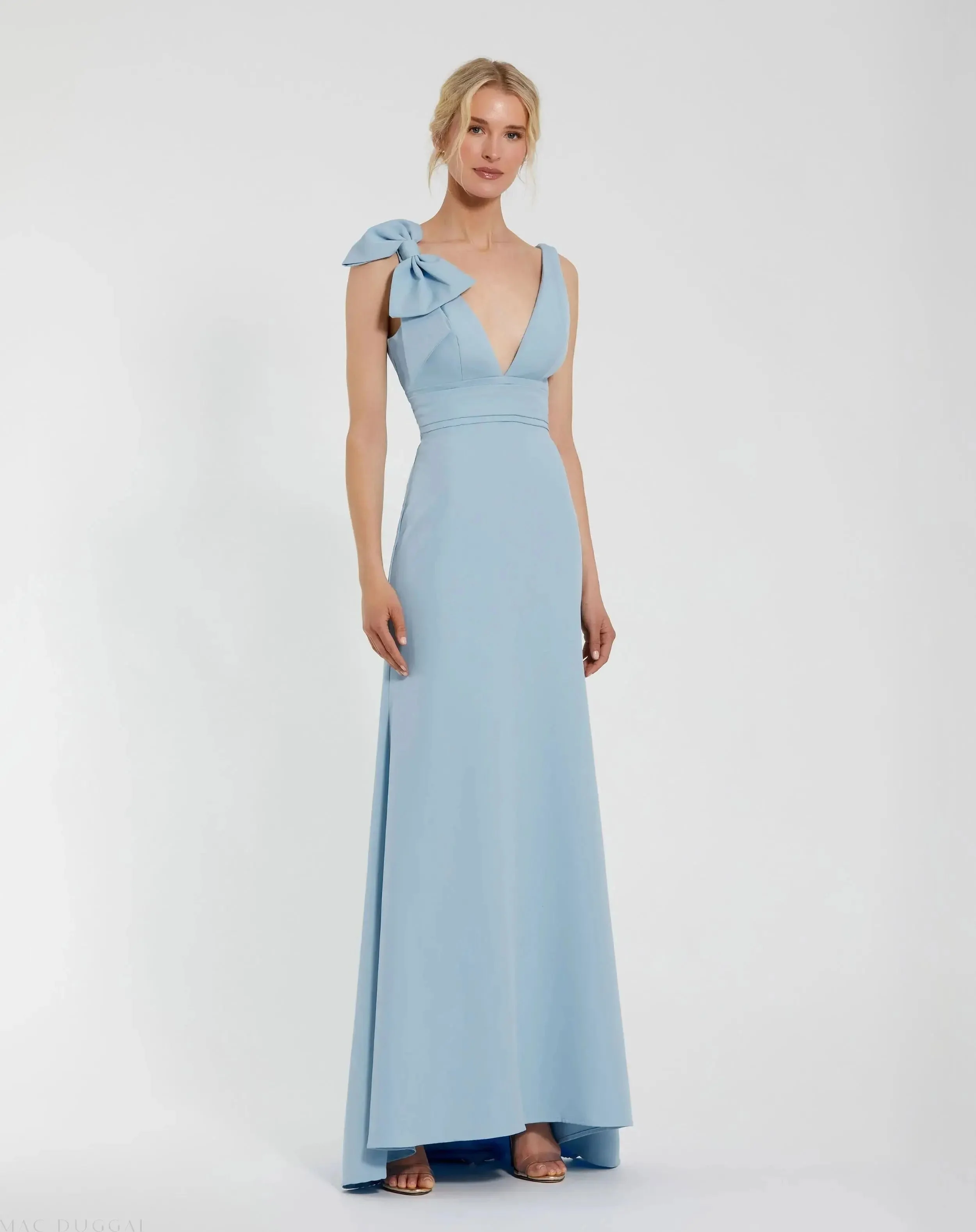Powder Blue Sleeveless V Neck Bow Detail Mermaid Gown - 1