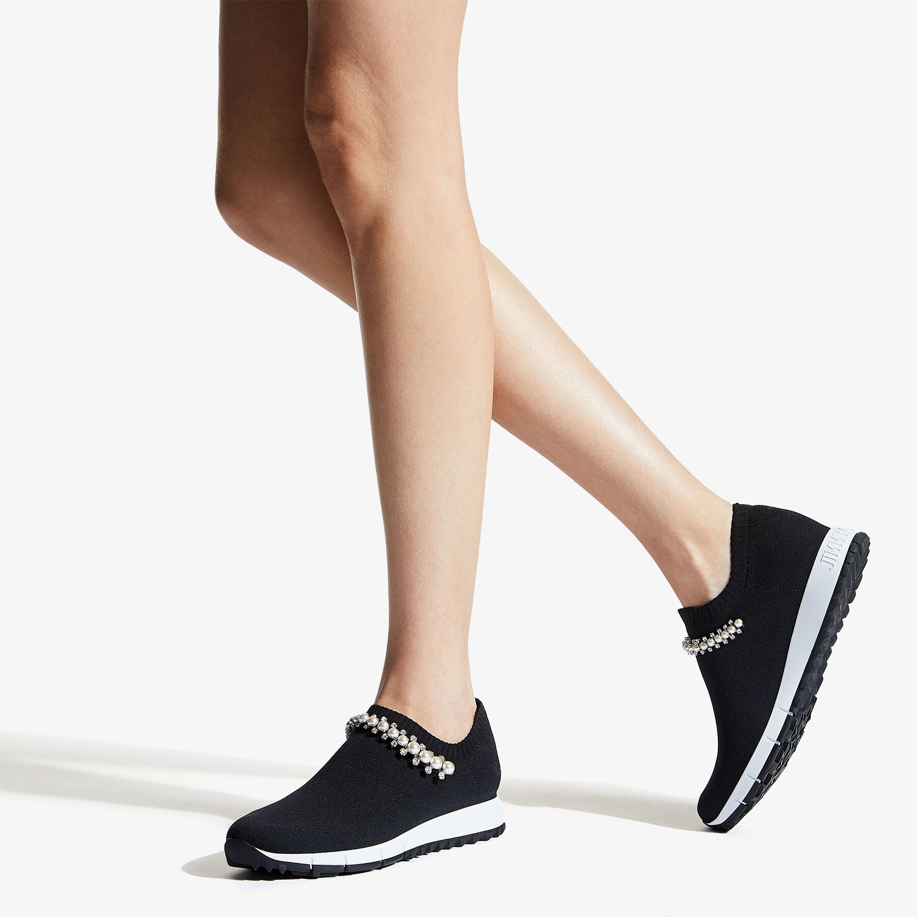 JIMMY CHOO Verona Black Knit Trainers with White Pearl and Crystal