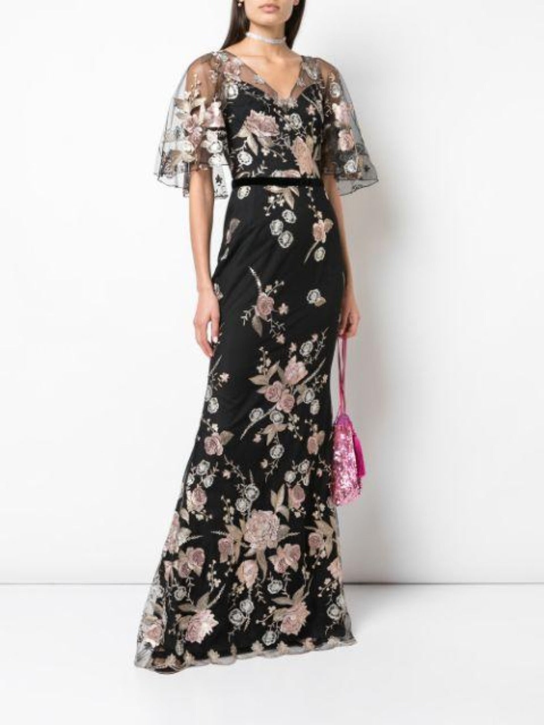 CAPE SLEEVE FLORAL EMBROIDERED MERMAID GOWN - 1