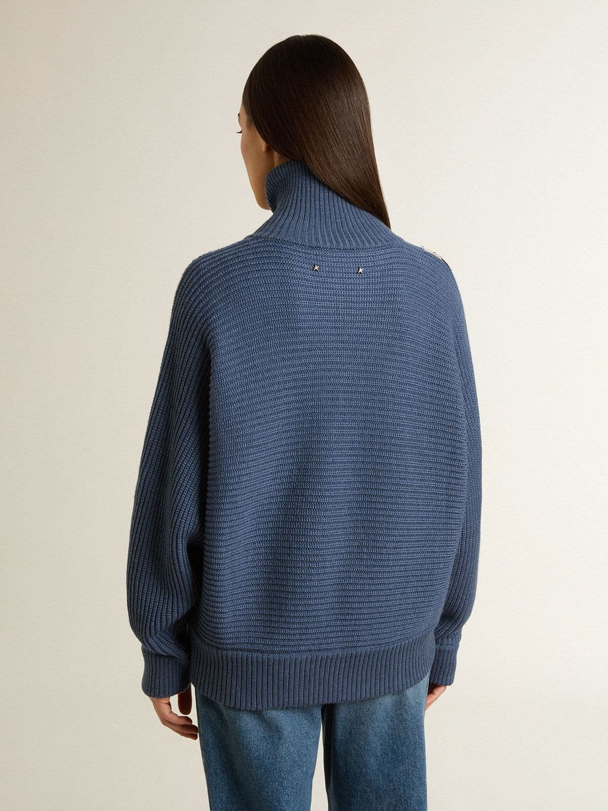 Women's light blue jacquard wool sweater with cream-colored pattern - 4