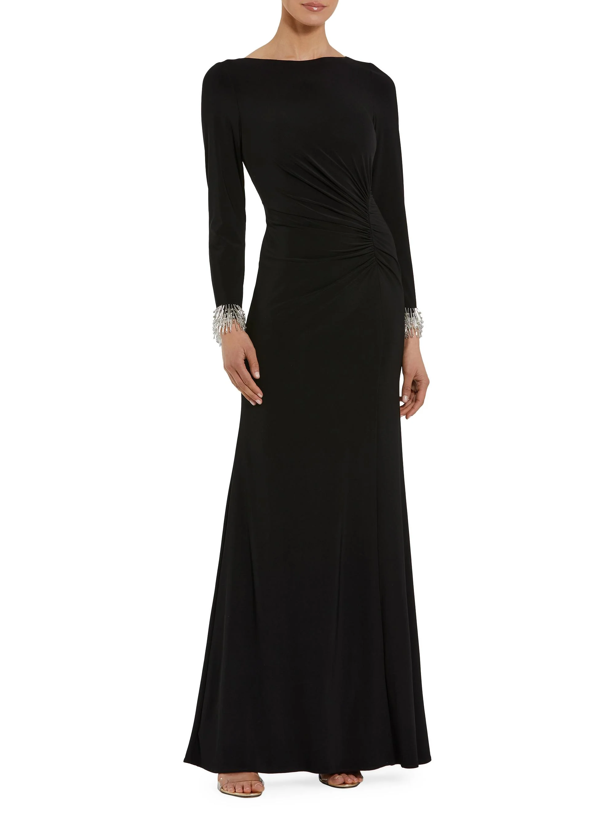 Women's Seasonless Long Sleeve Jersey Gown With Beaded Sleeve Cuffs - Black - 1