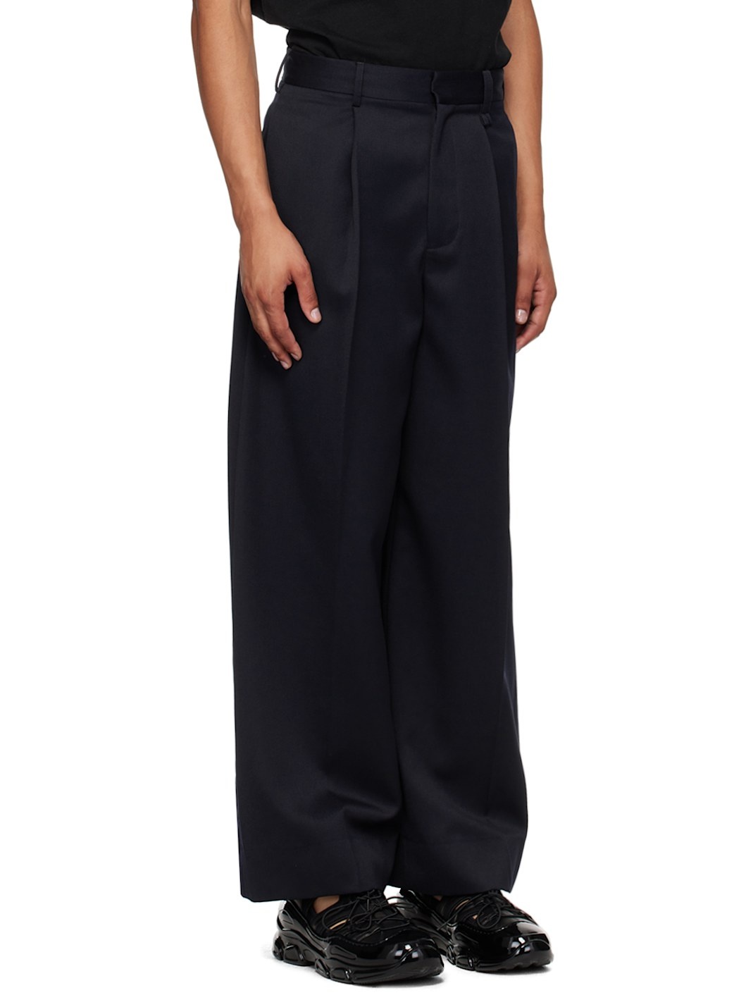 Navy Pleated Wide Leg Trousers - 2