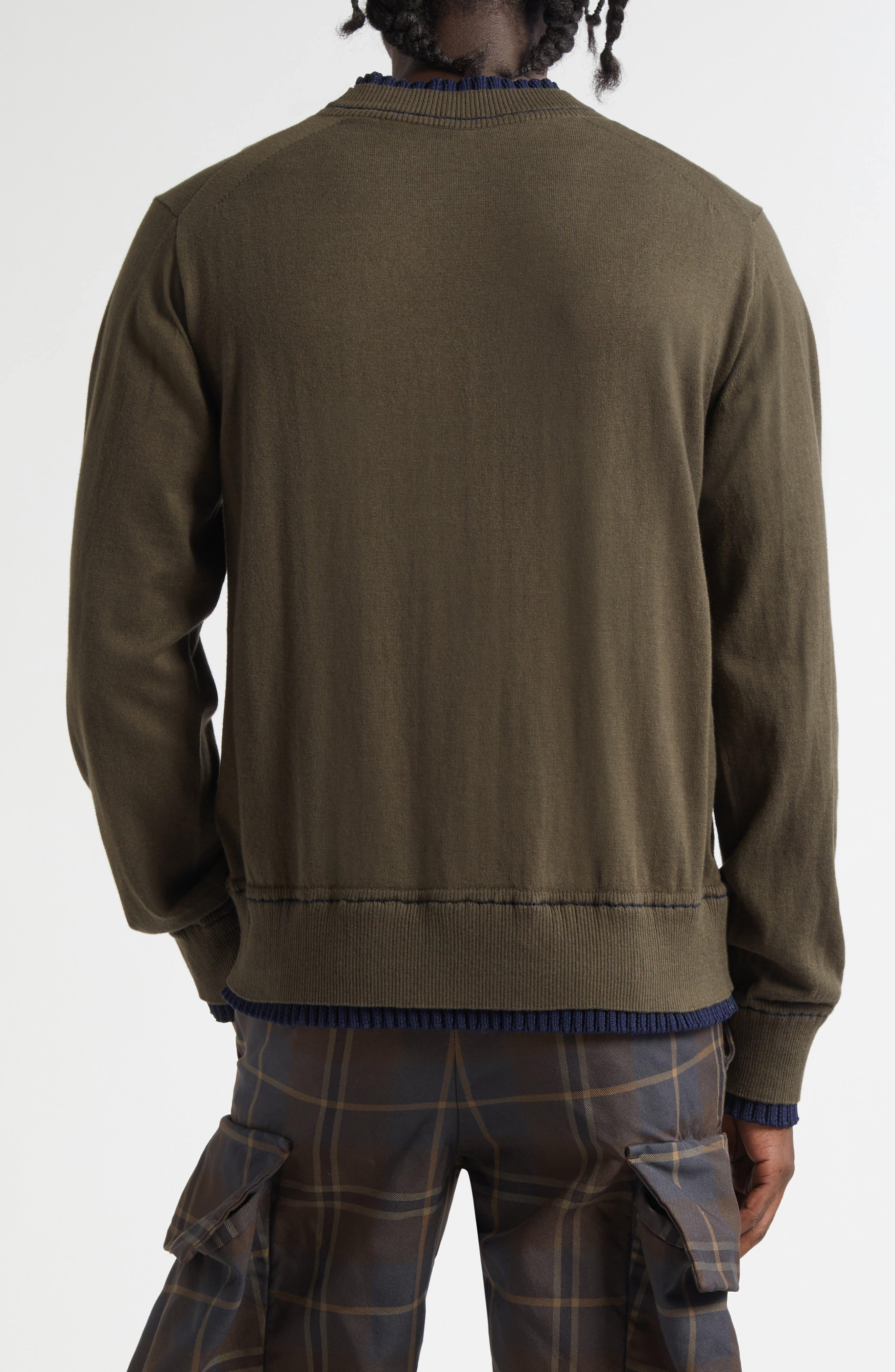 Sacai Layered Cotton & Cashmere Crewneck Sweater in Khaki/Navy at Nordstrom - 2