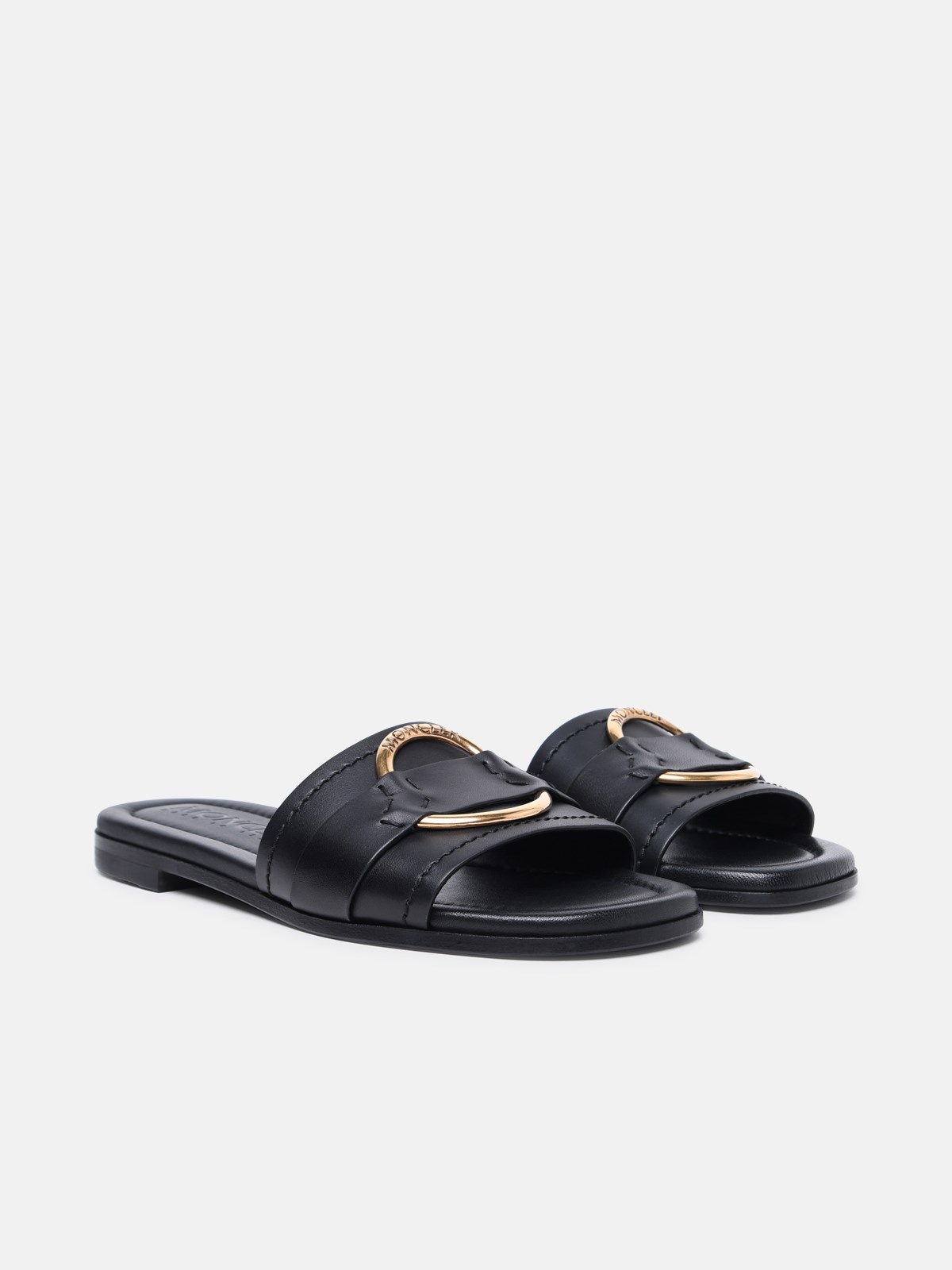 Moncler 'BELL' BLACK LEATHER SLIPPERS | lungolivigno