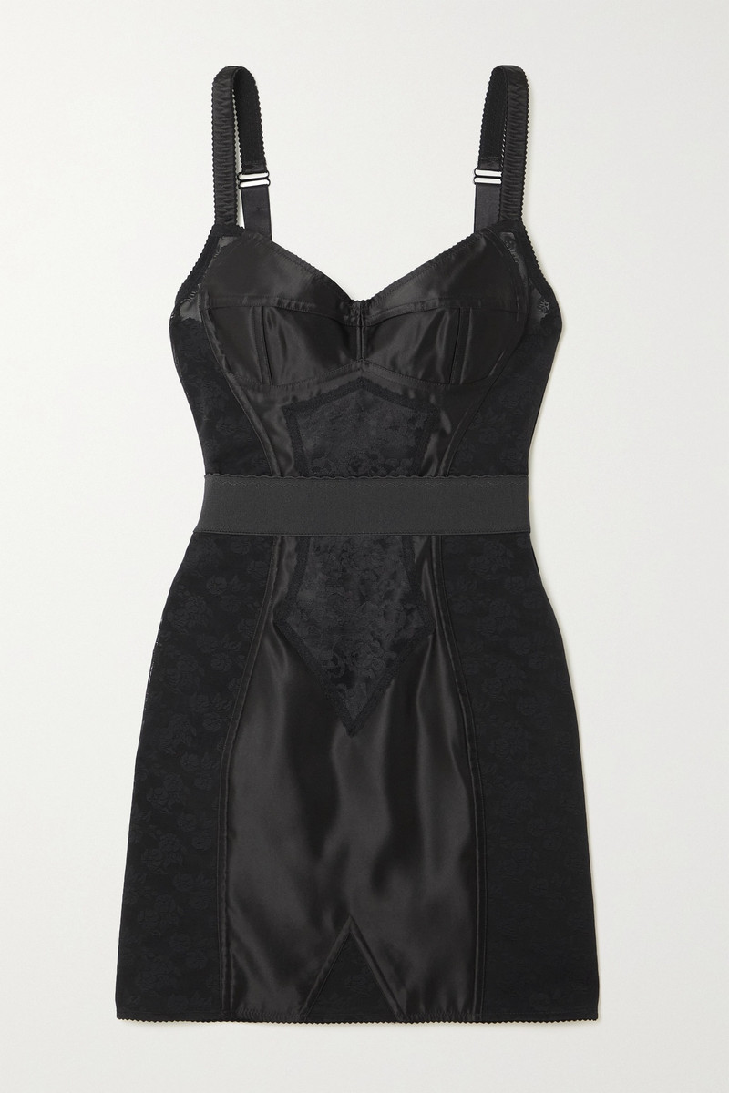 Paneled stretch-satin and lace mini dress - 1
