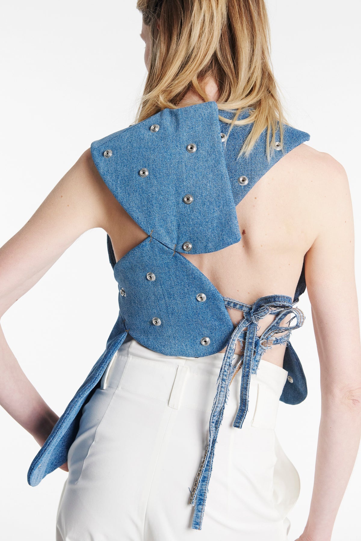 STUDDED UPCYCLED DENIM ISLAND TOP BLUE DENIM - 2