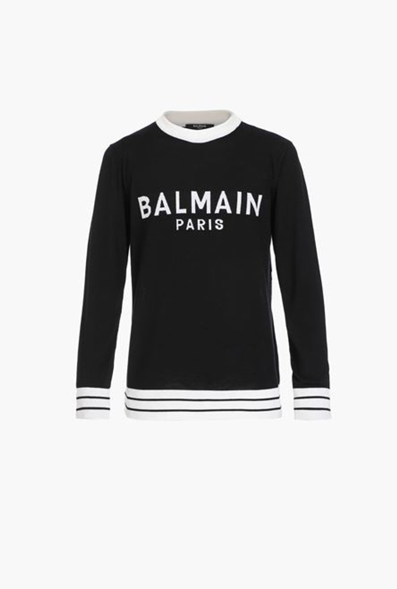 Black wool sweater with embroidered white Balmain logo 1