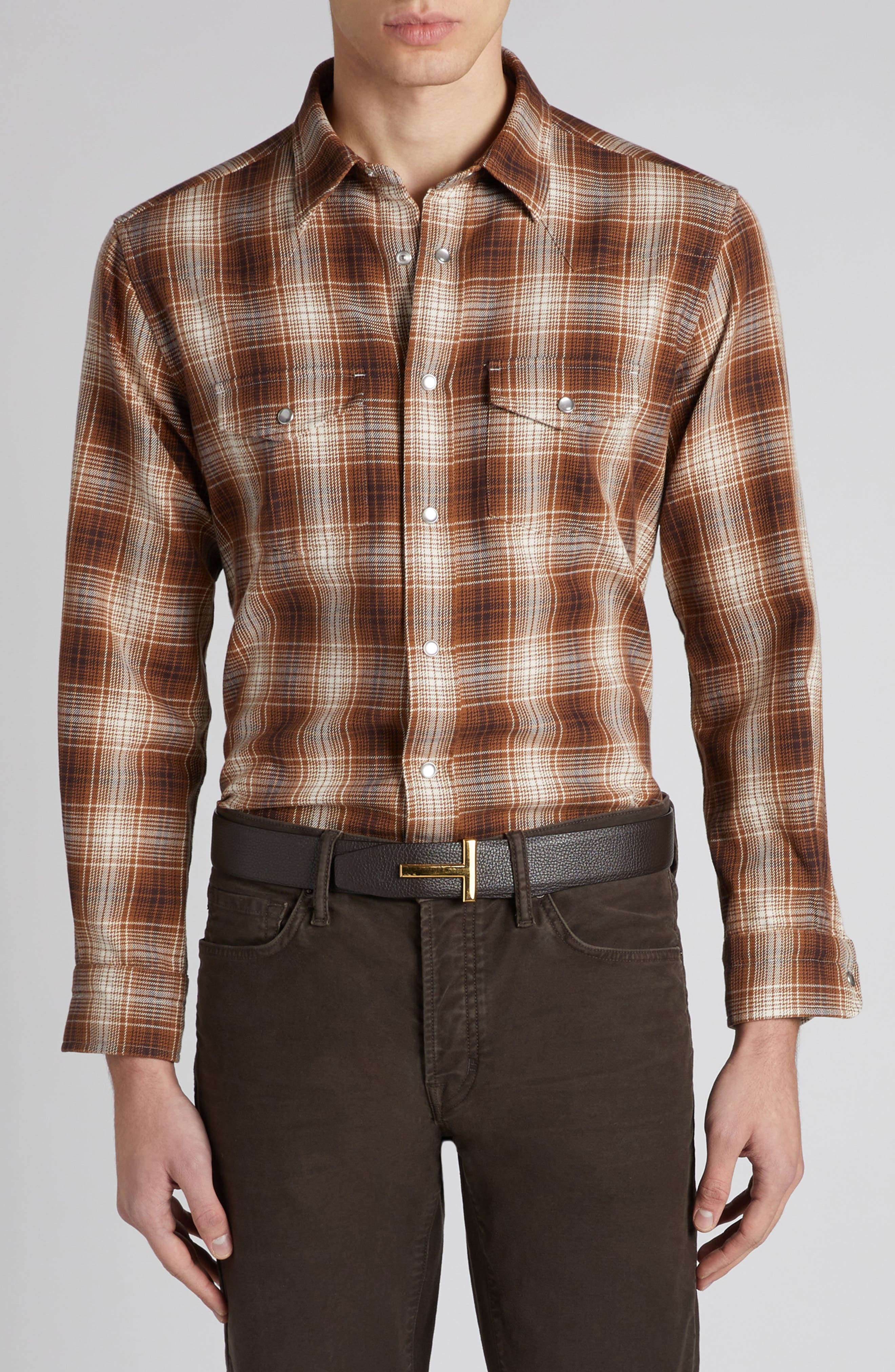 TOM FORD Grand Check Western Shirt in Brown Combo Brown/White at Nordstrom - 1